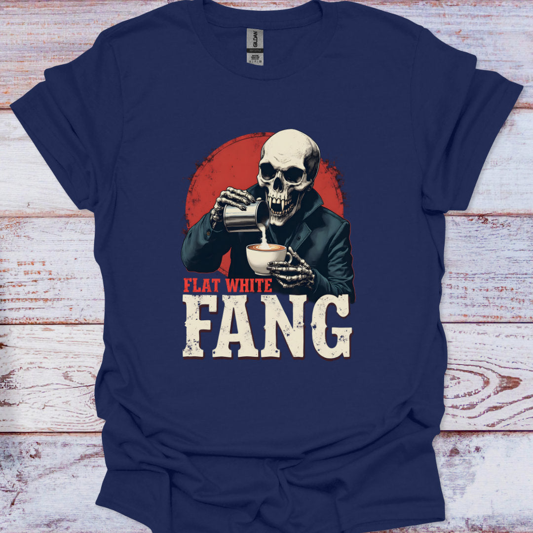 Navy blue t-shirt with a skeleton holding a coffee cup and text 'Flat White Fang' on a wooden surface.