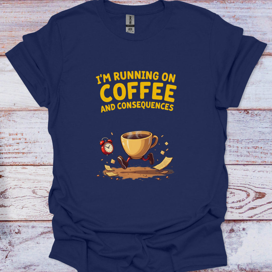 Navy blue t-shirt with yellow text and coffee cup graphic on a wooden surface