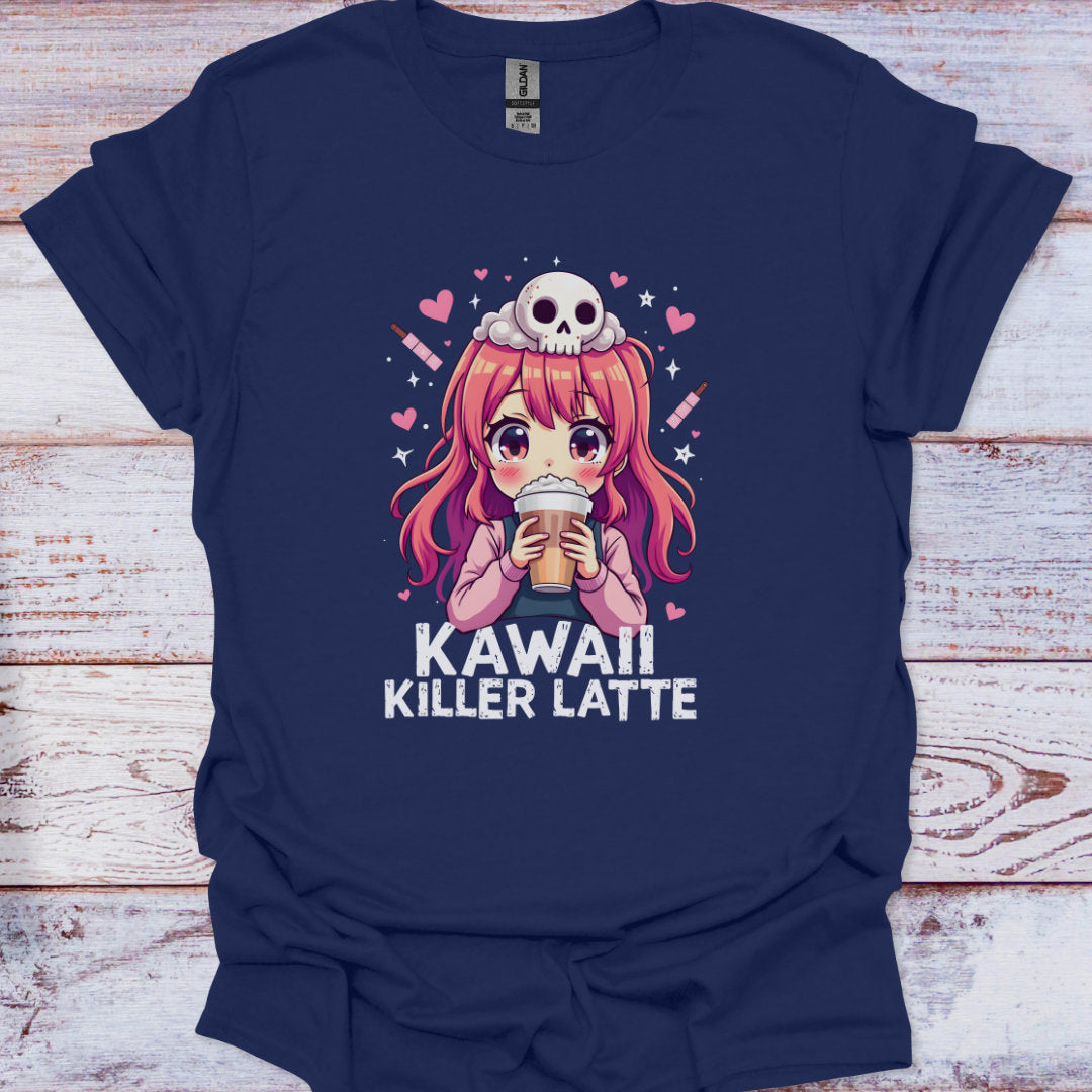 Navy blue t-shirt with an anime character and 'Kawaii Killer Latte' text on a wooden surface
