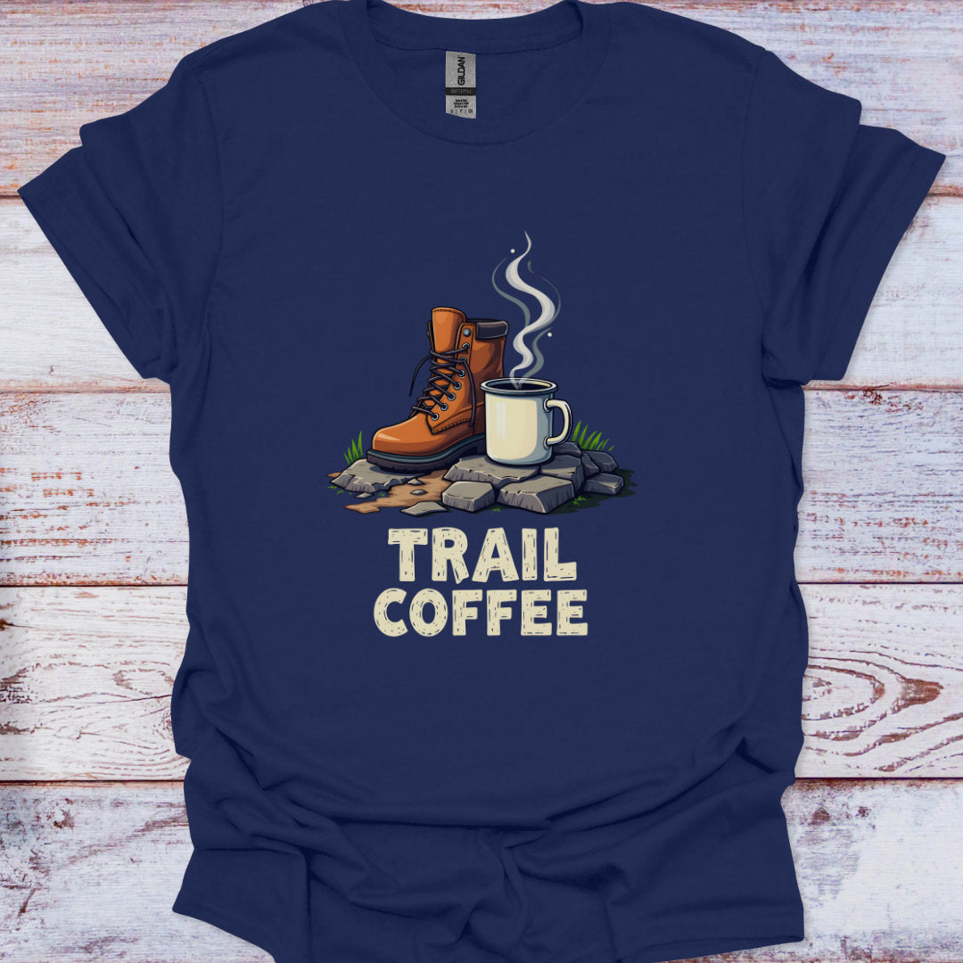 Navy blue t-shirt with 'Trail Coffee' graphic featuring boots and a mug on a wooden background