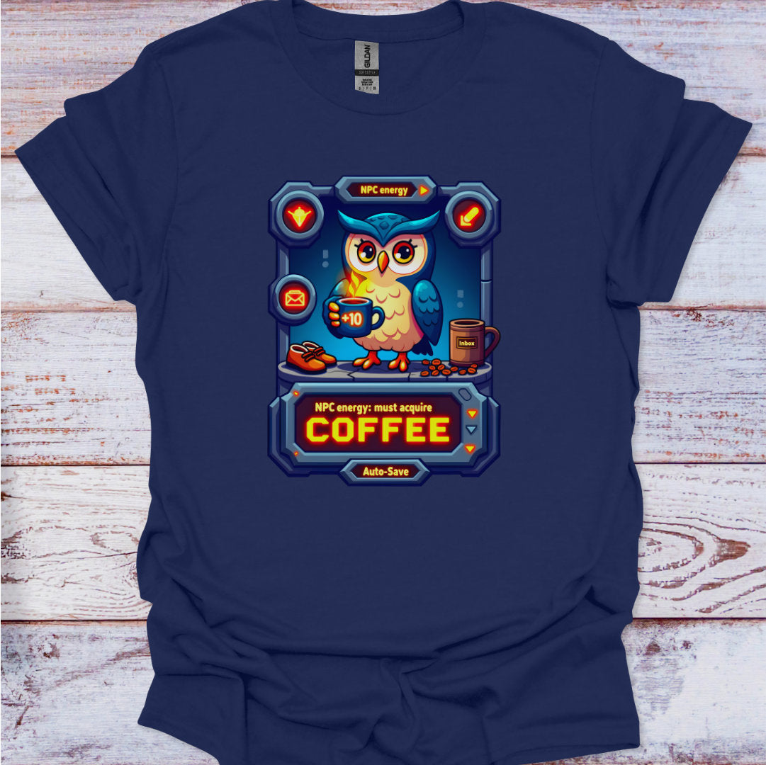 Navy blue t-shirt with an owl graphic and text on a wooden surface