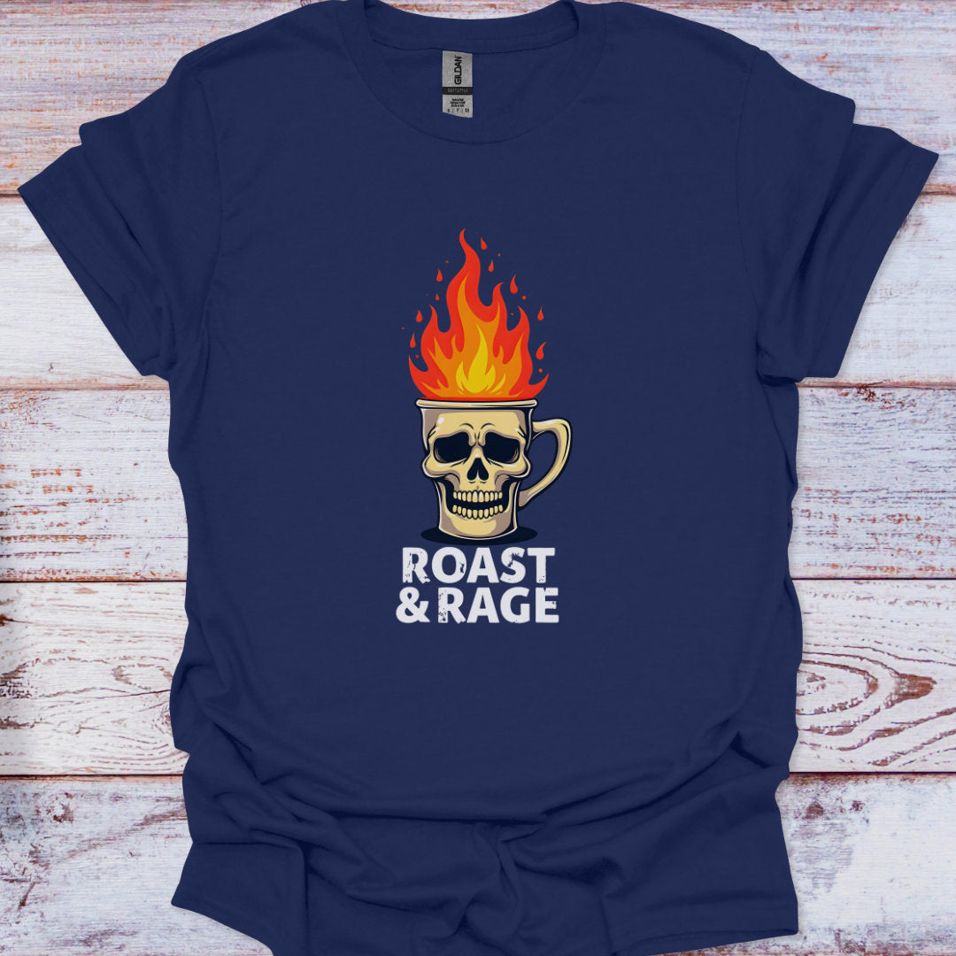 Navy blue t-shirt with a skull and flames graphic and 'Roast & Rage' text on a wooden surface.