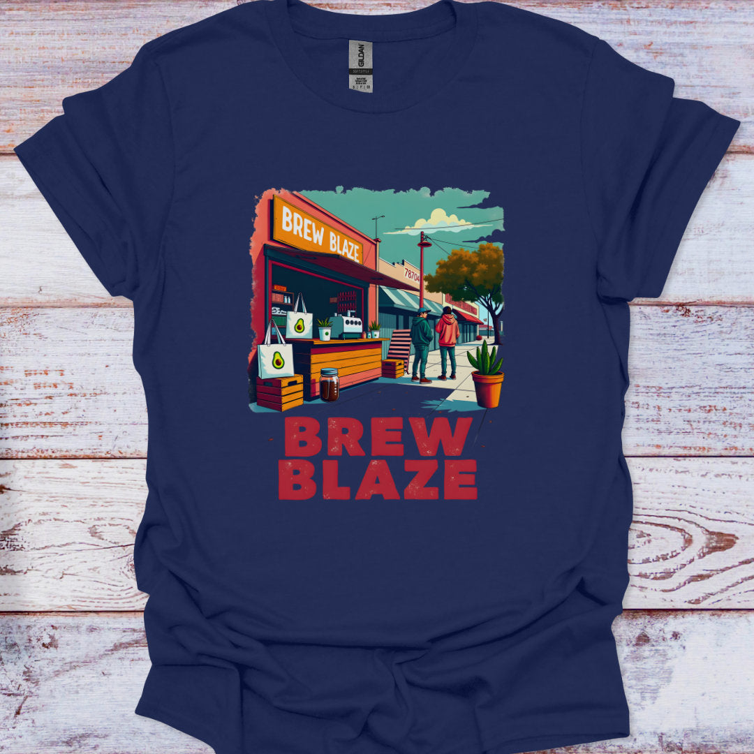 Navy blue t-shirt with 'Brew Blaze' graphic design on a wooden surface