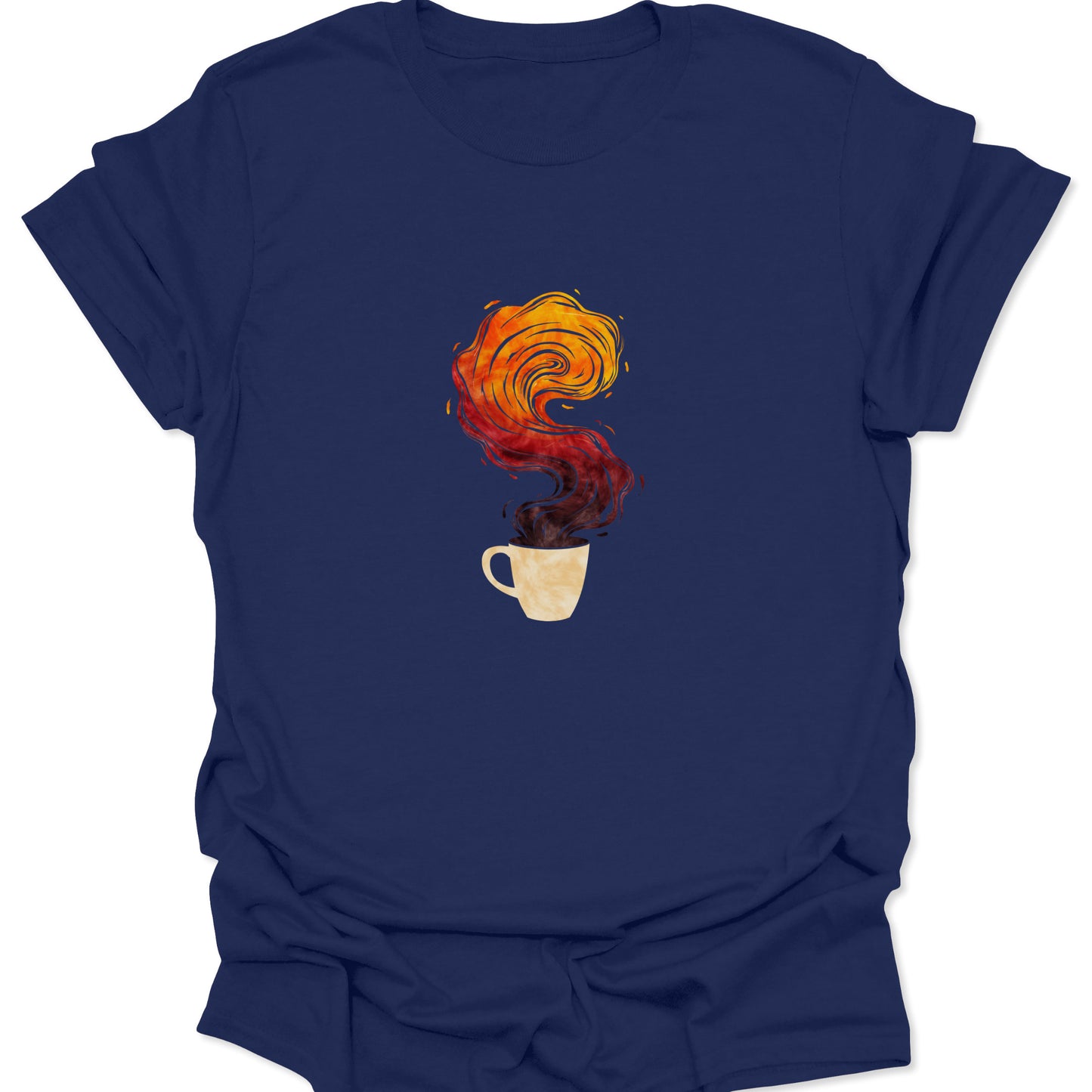 Graphic of coffee cup with orange and red elemental spiral steam. Alt text for navy blue t-shirt product listing.