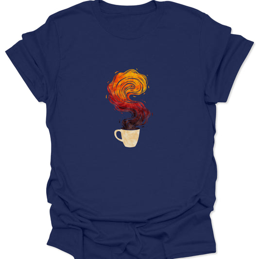 Graphic of coffee cup with orange and red elemental spiral steam. Alt text for navy blue t-shirt product listing.