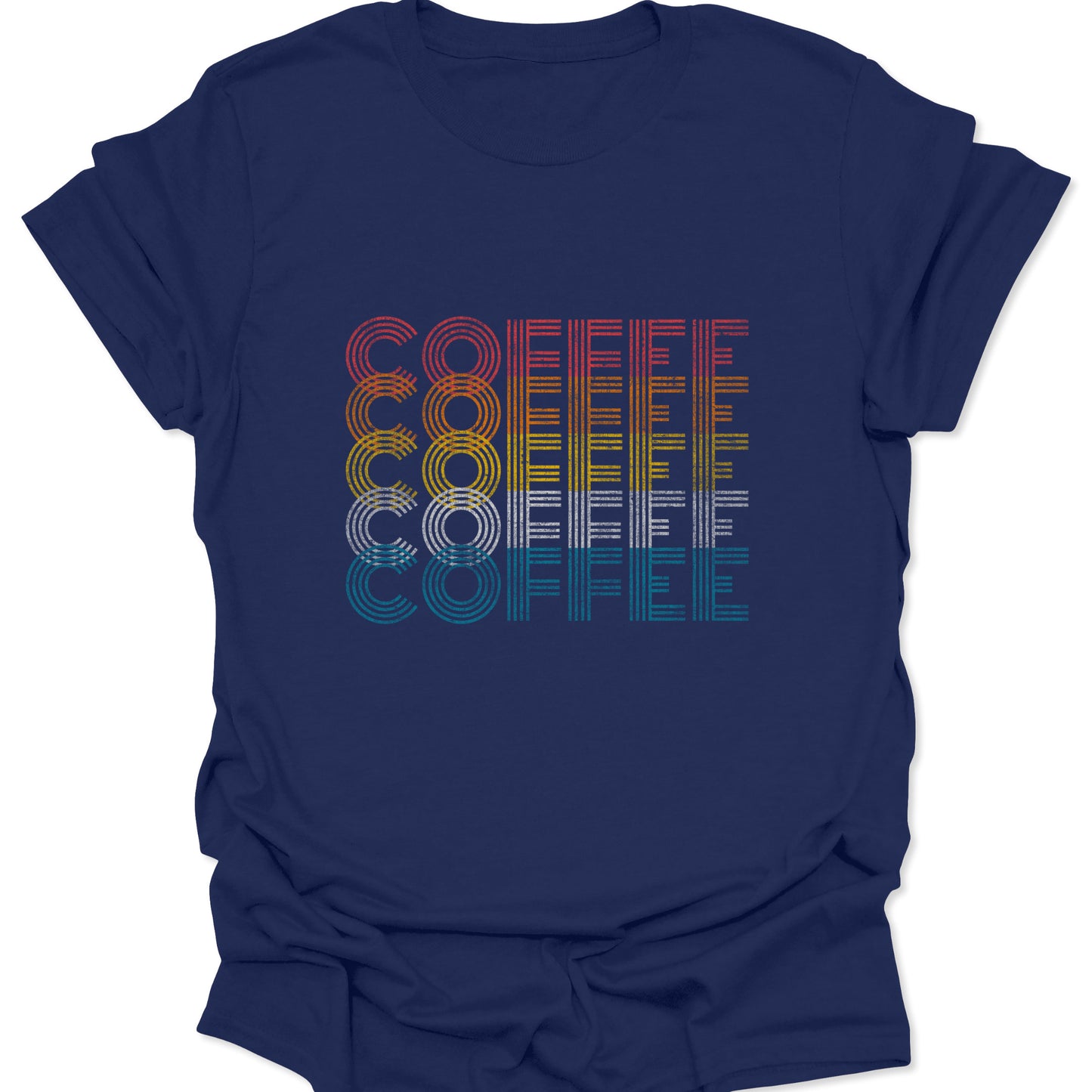 Navy t-shirt featuring stacked "COFFEE" text in retro linear red, orange, yellow, white, and teal stripes.