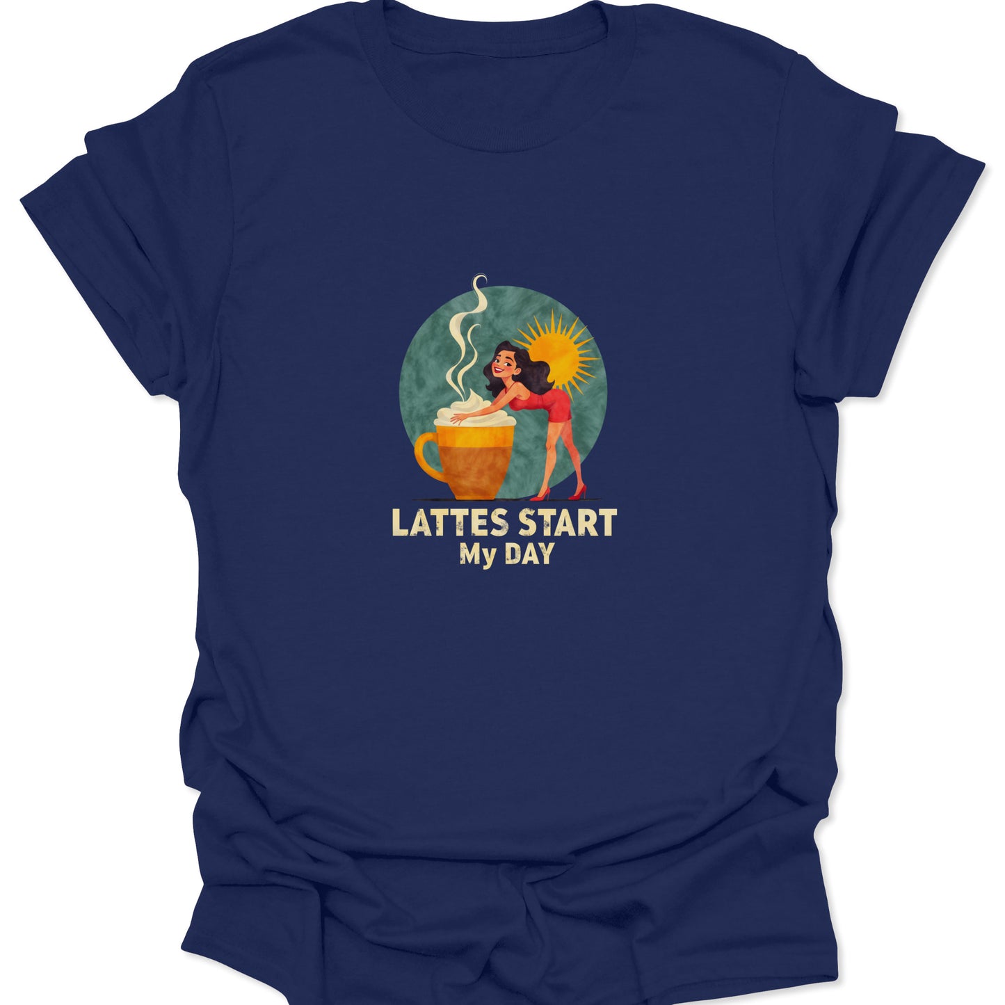 Navy blue tee with a vibrant, high-contrast graphic of a retro woman grabbing her indispensable morning latte. Perfect for coffee enthusiasts.