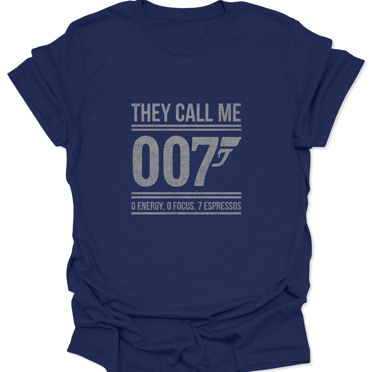 Classic movie parody "007 Espressos" design with distressed lettering on a deep navy blue background.