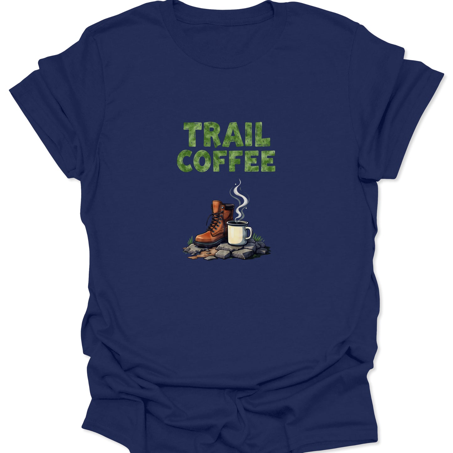 Navy shirt featuring the distressed, moss-colored TRAIL COFFEE typography with a centered illustration of a camp coffee setup, including a hiking boot and white mug.