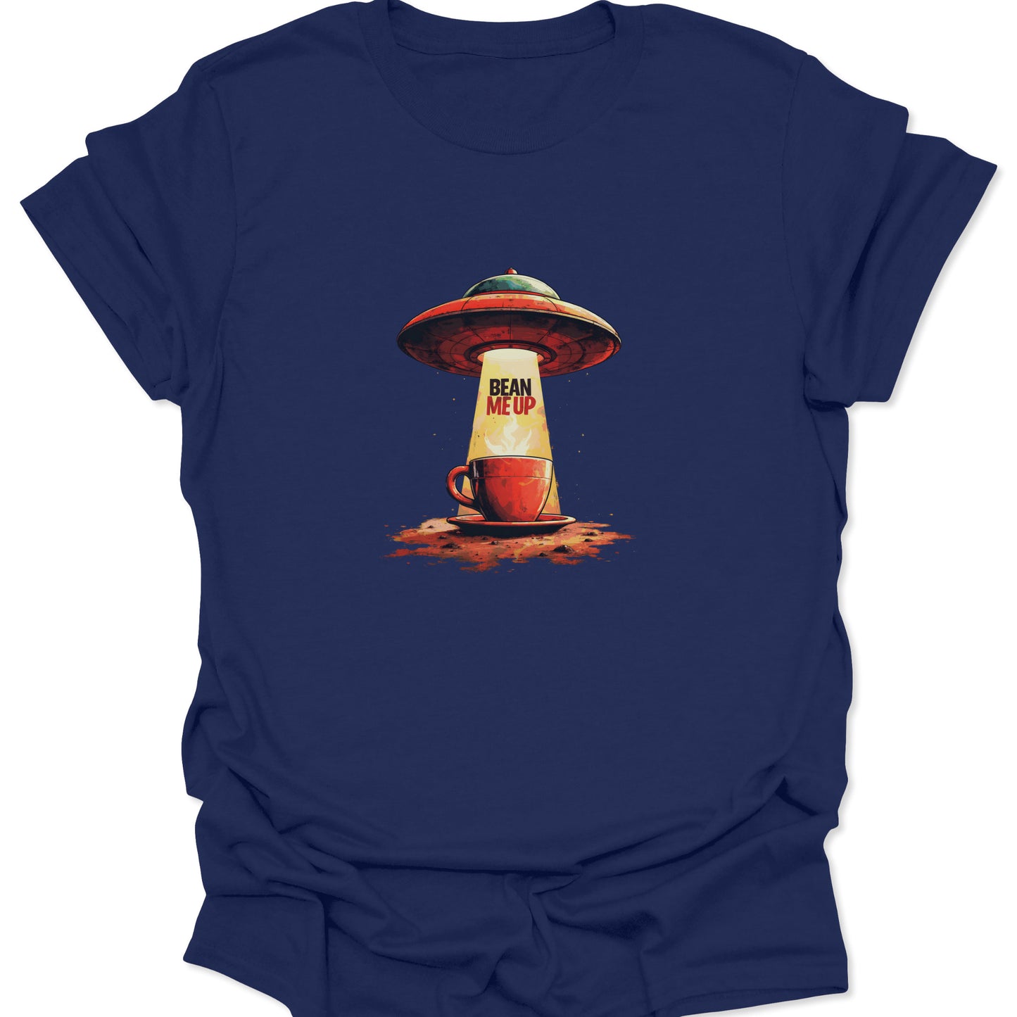 High-impact navy blue t-shirt with a coffee-themed sci-fi graphic: a UFO hovering over a mug, captioned with "Bean Me Up."