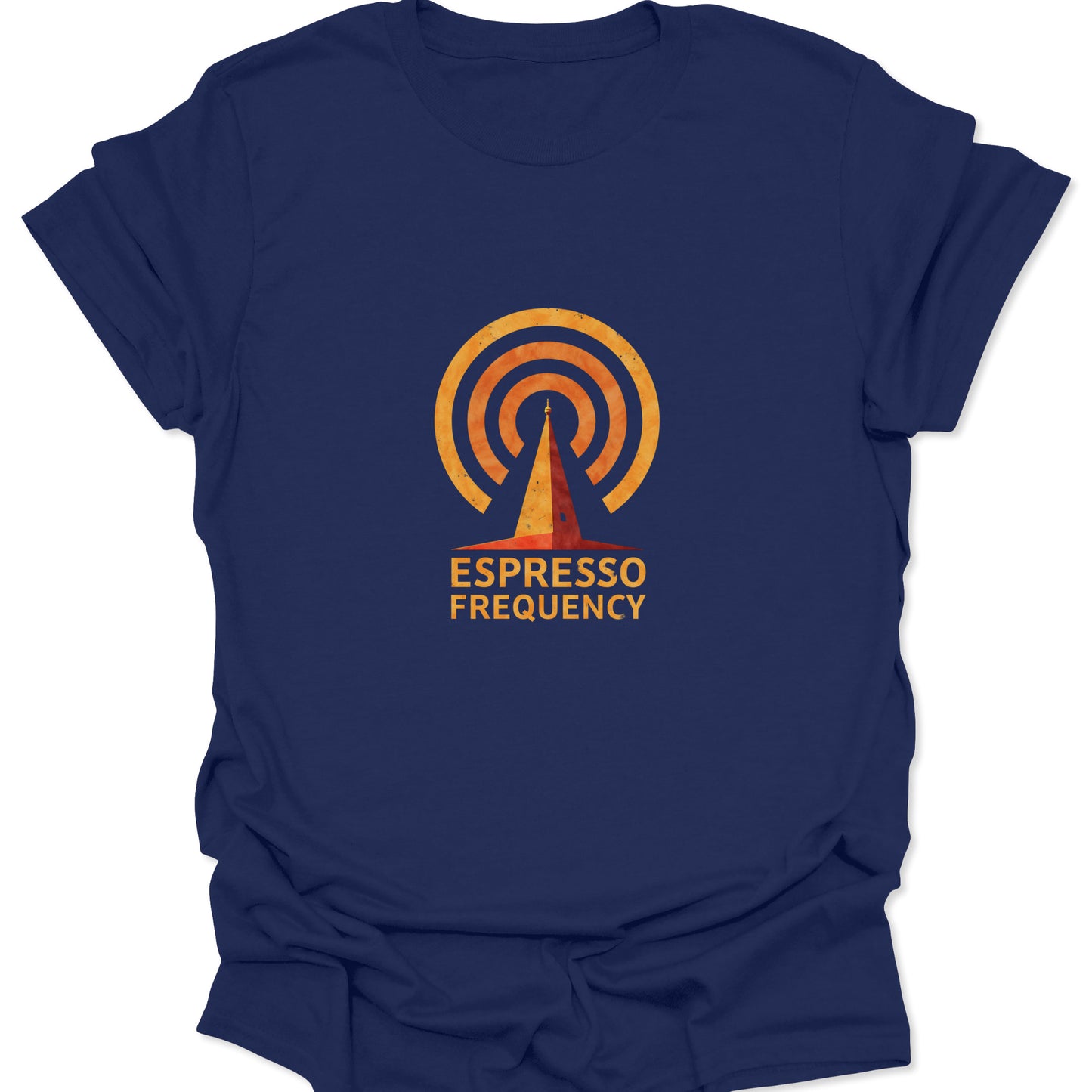 Navy blue t-shirt displaying a stylized orange and yellow espresso frequency signal graphic and the associated text in a distressed texture.