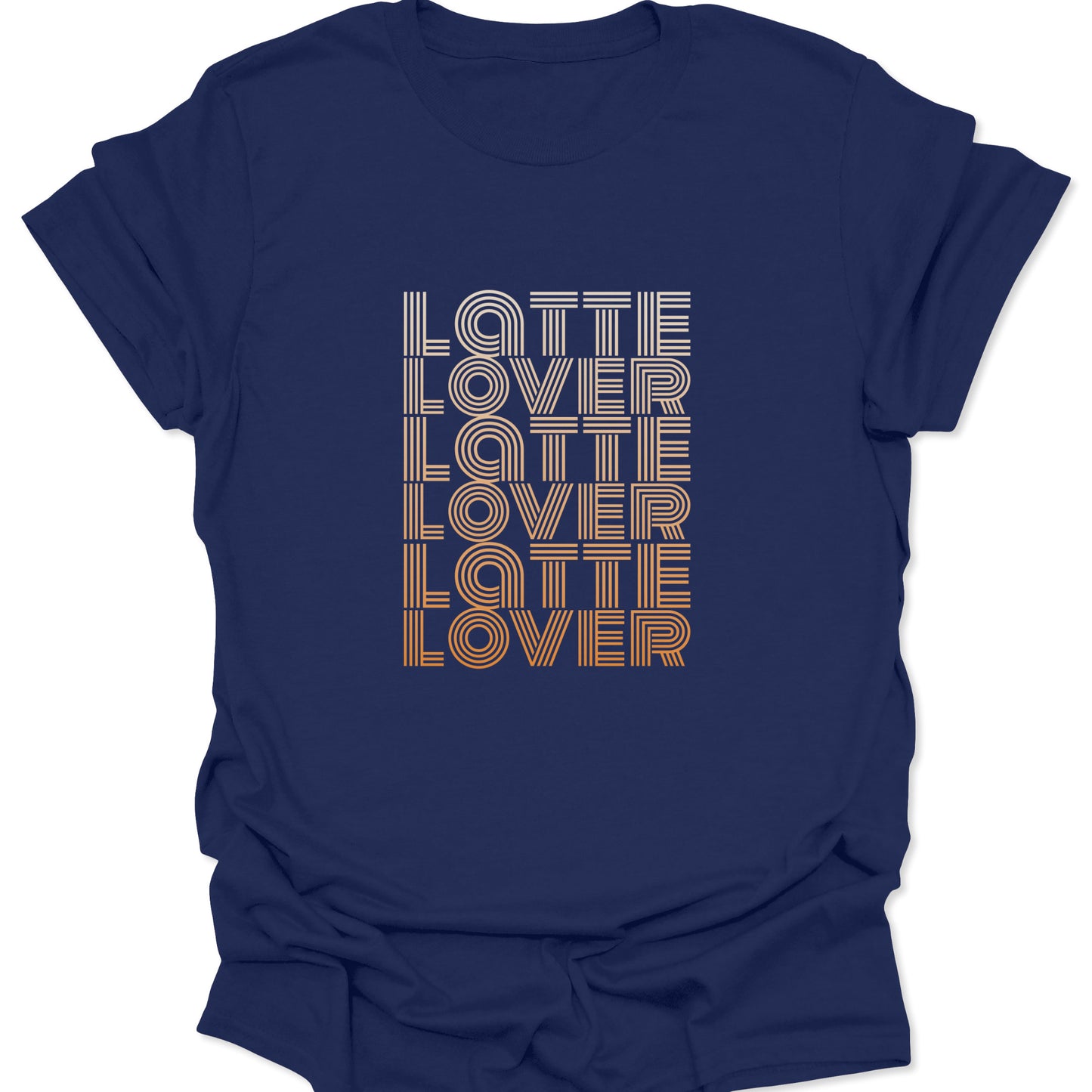 A navy blue t-shirt featuring a vertical stack of the text "Latte Lover" in a retro, multi-line font with a cream to amber gradient.