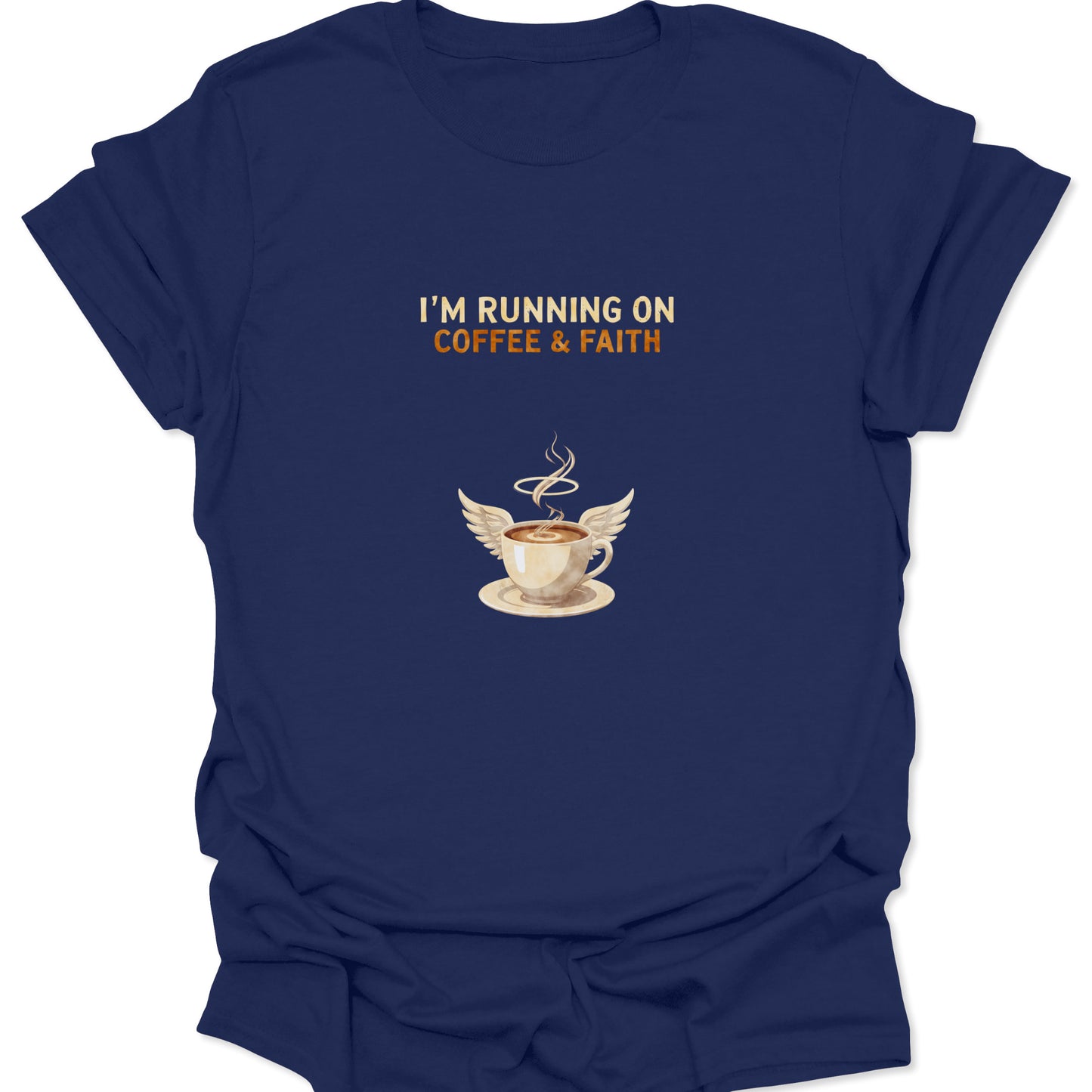 Navy Blue t-shirt featuring a coffee cup with angel wings and halo, Sunday school teacher gift idea.