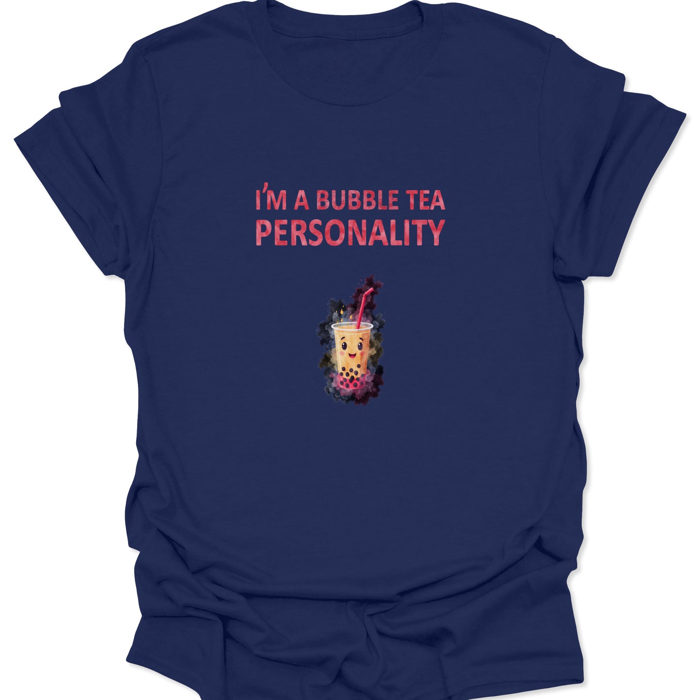 Navy t-shirt featuring a sweet bubble tea illustration, perfect for boba lovers and anime fans.