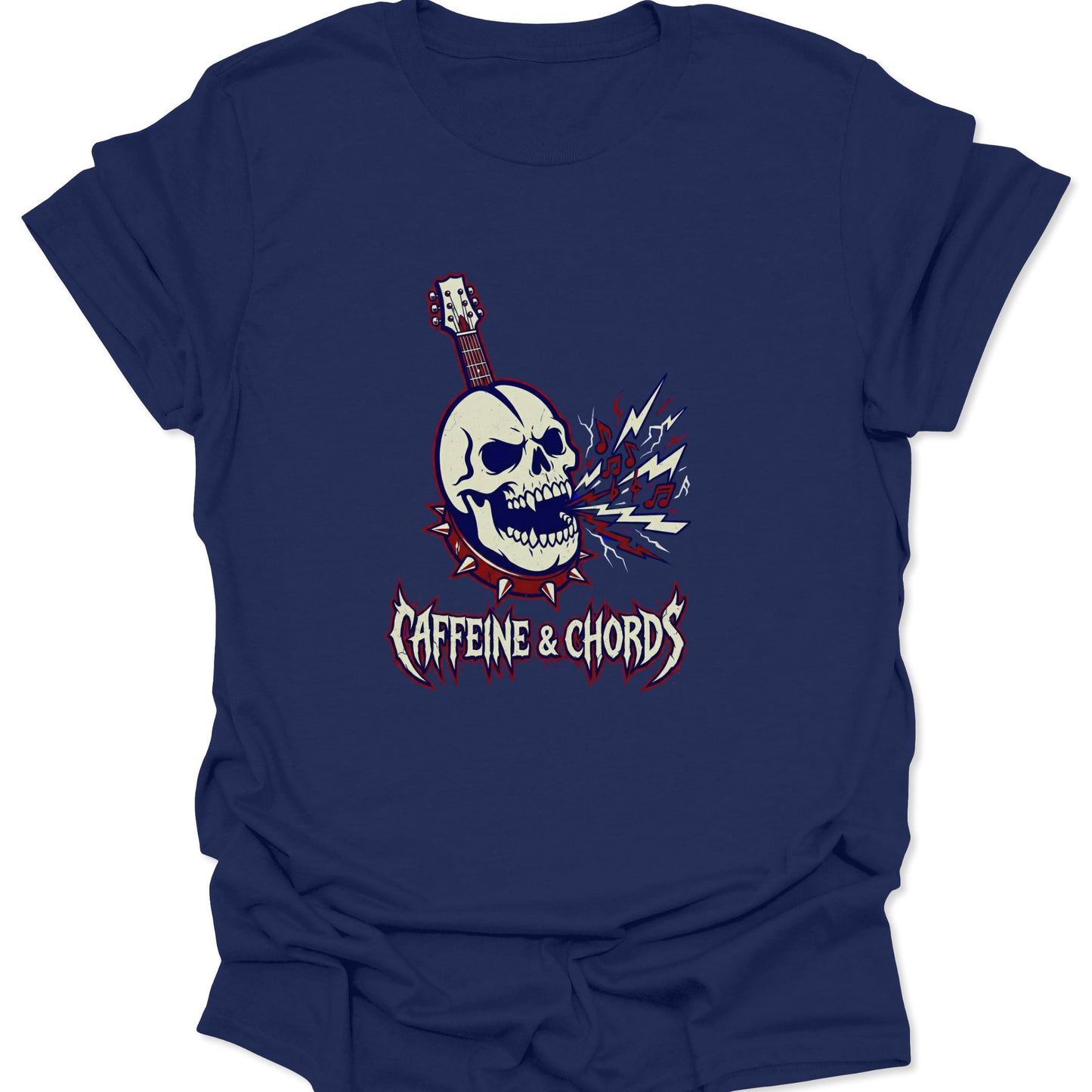 A navy blue t-shirt featuring a loud rock n' roll skull guitar design with lightning illustration.