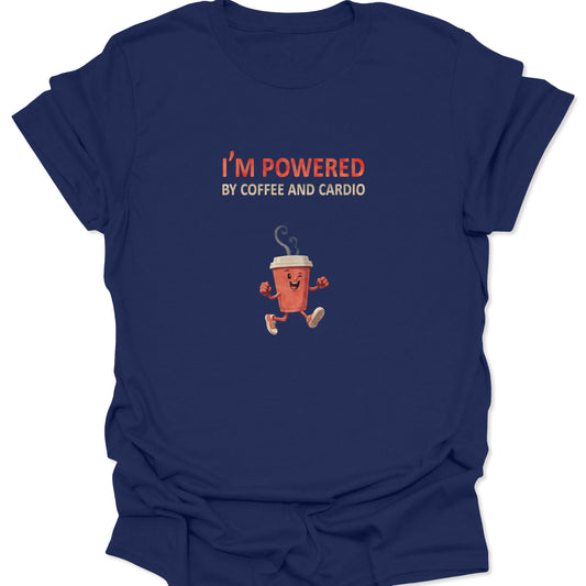 Navy Blue t-shirt featuring runner coffee cup illustration, gift for marathon runners.