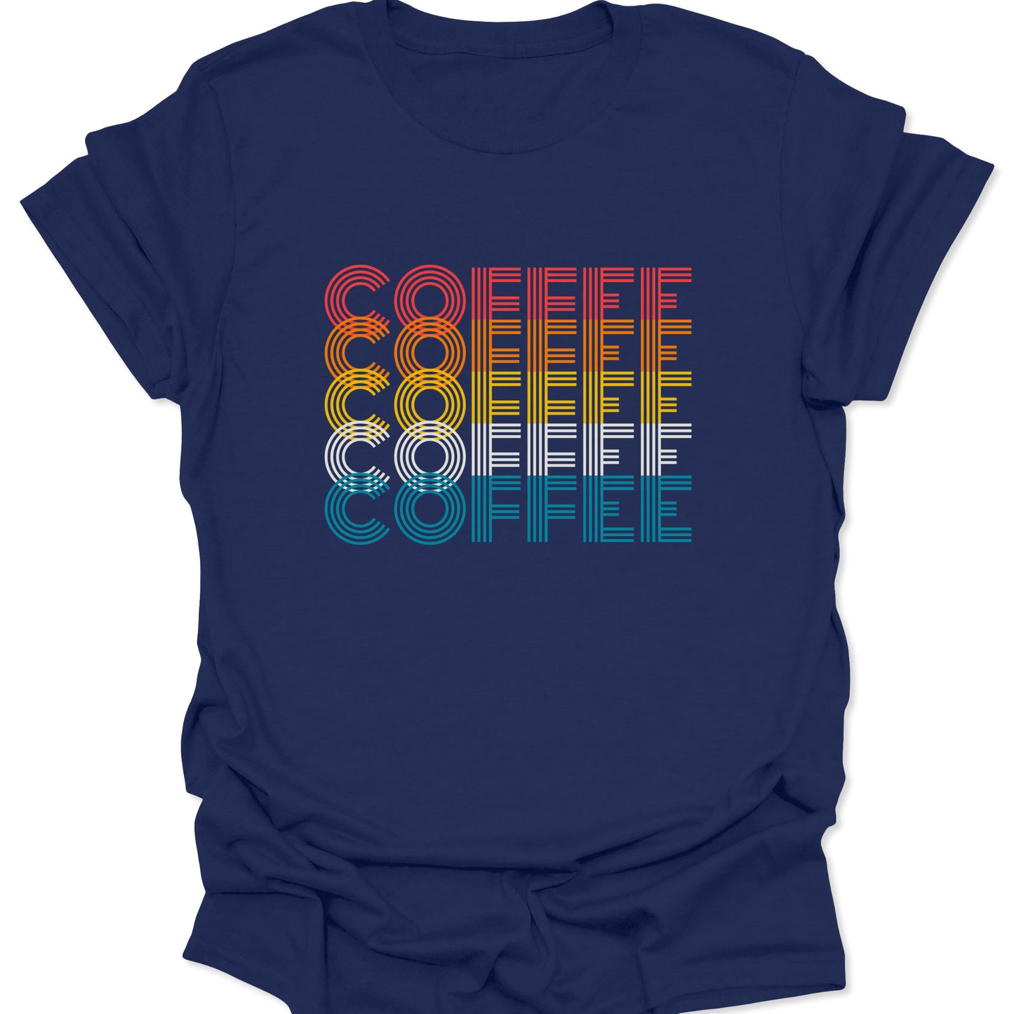 Navy t-shirt featuring stacked "COFFEE" text in retro linear red, orange, yellow, white, and teal stripes.