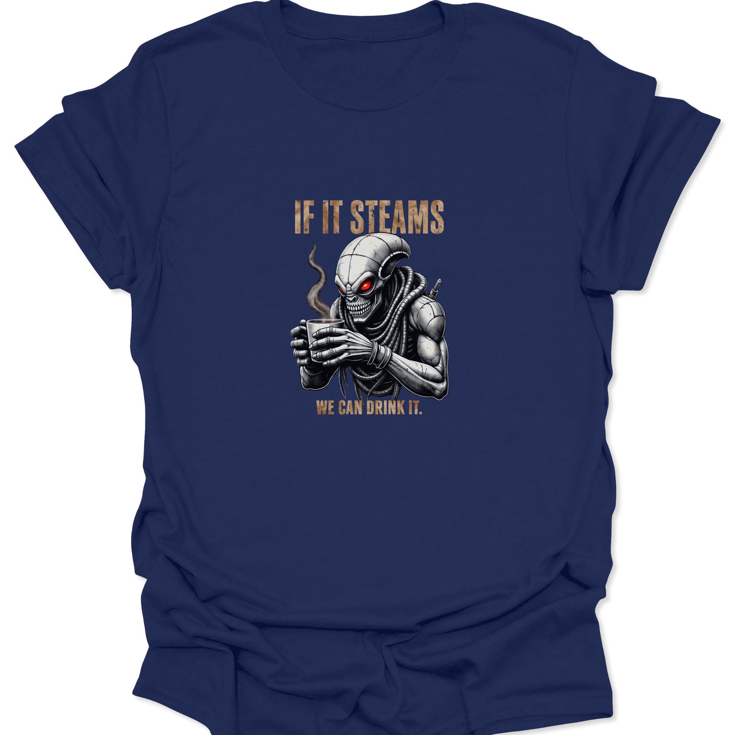 Gothic/Sci-Fi crossover t-shirt with a detailed creature and steaming beverage graphic, optimized for printing on a navy blue garment.