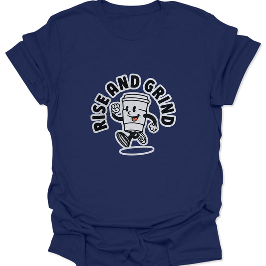 A navy blue t-shirt featuring a white retro-style cartoon coffee cup character running with the text "RISE AND GRIND" arched above it in a vintage font.