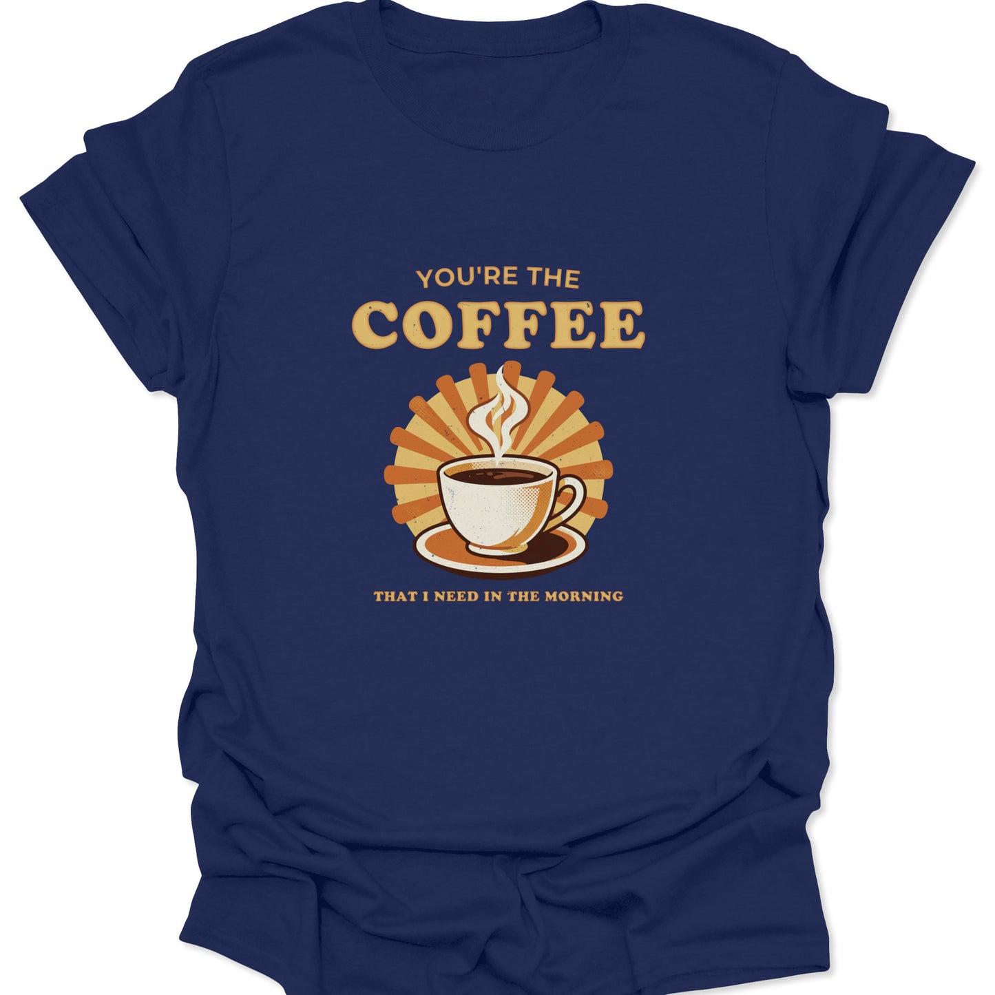 Navy blue graphic tee with a high-contrast coffee cup design against an orange sunburst backdrop and vintage-style lettering.