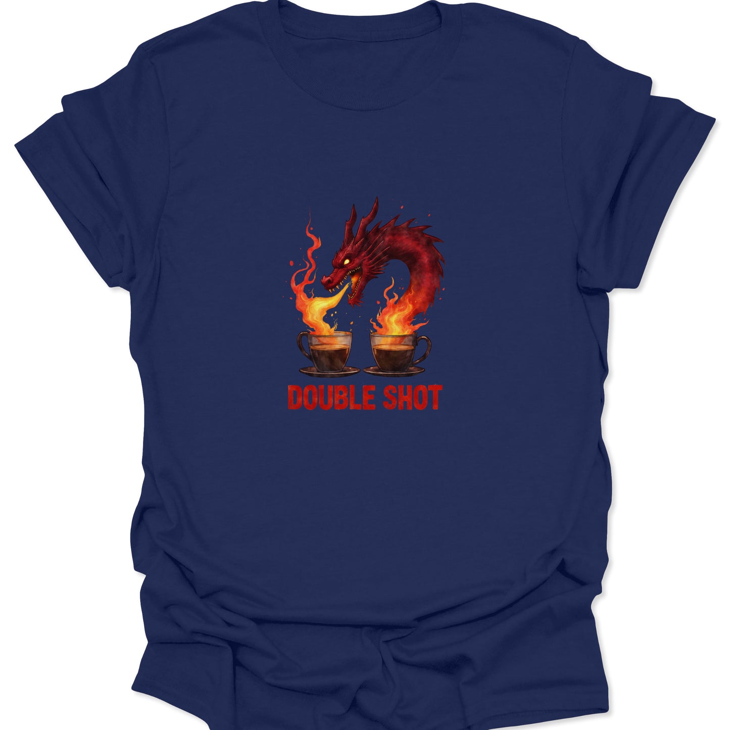 Navy blue graphic tee with a red, fire-breathing dragon over two steaming, flaming coffee cups with 'DOUBLE SHOT' text.