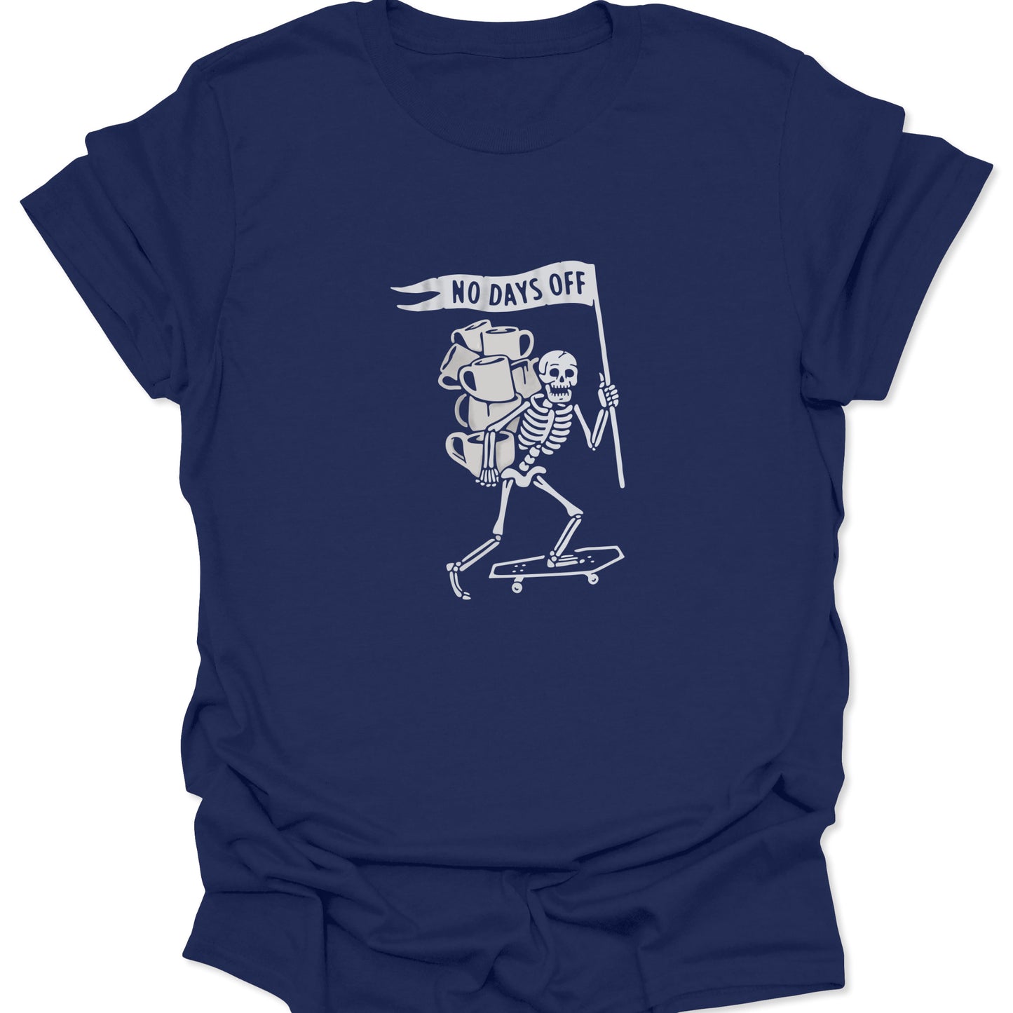 Navy blue shirt featuring a white minimalist skeleton skateboarding with a flag and a tower of coffee mugs.