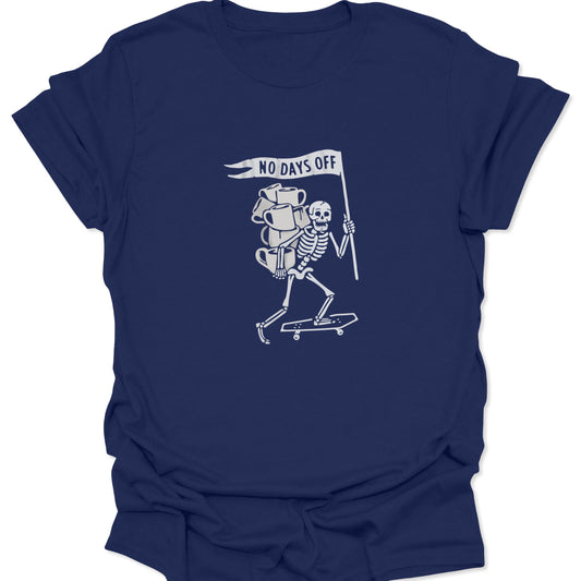 Navy blue shirt featuring a white minimalist skeleton skateboarding with a flag and a tower of coffee mugs.