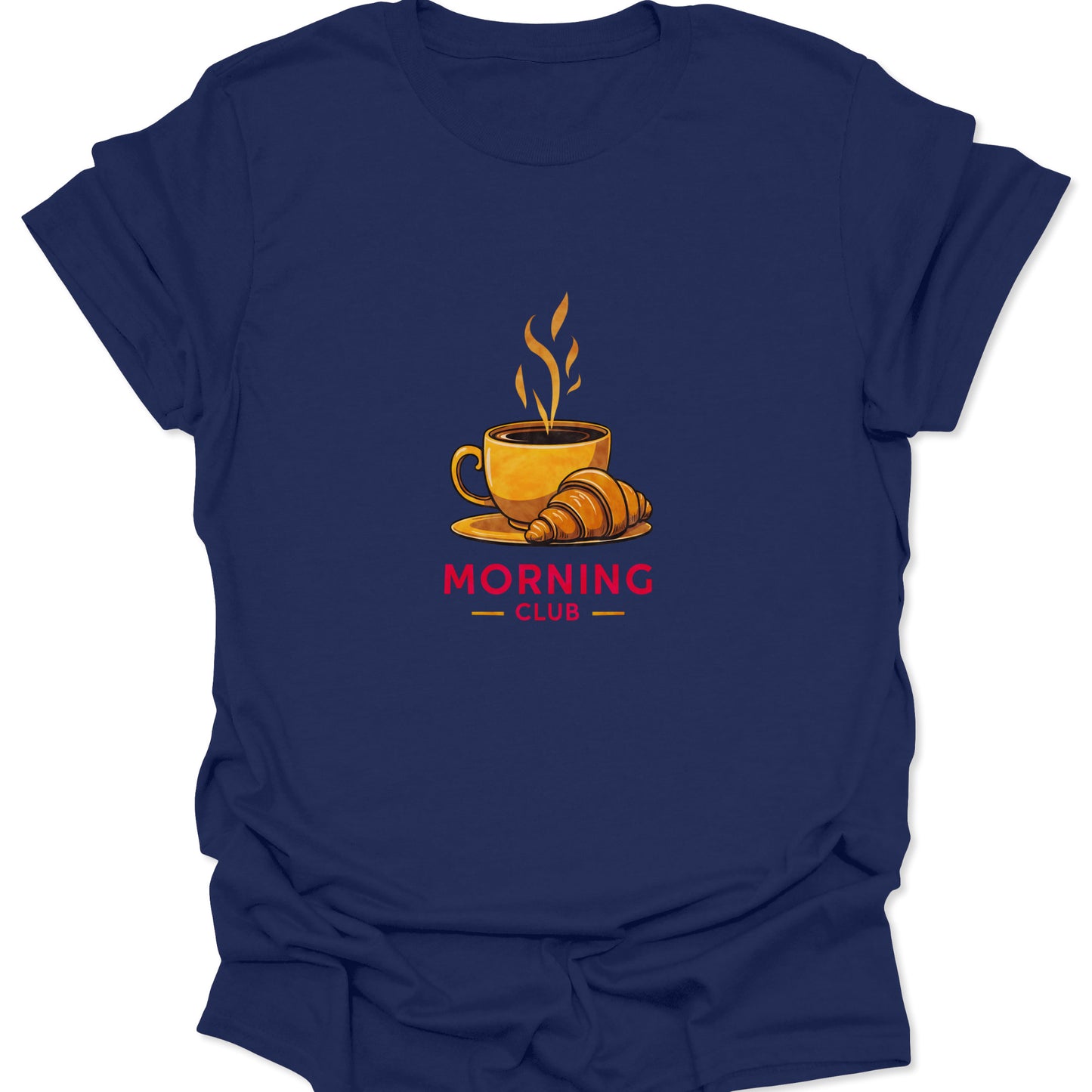 Navy blue cotton t-shirt displaying a golden cup of coffee, steam, and a croissant with the 'MORNING CLUB' logo underneath.