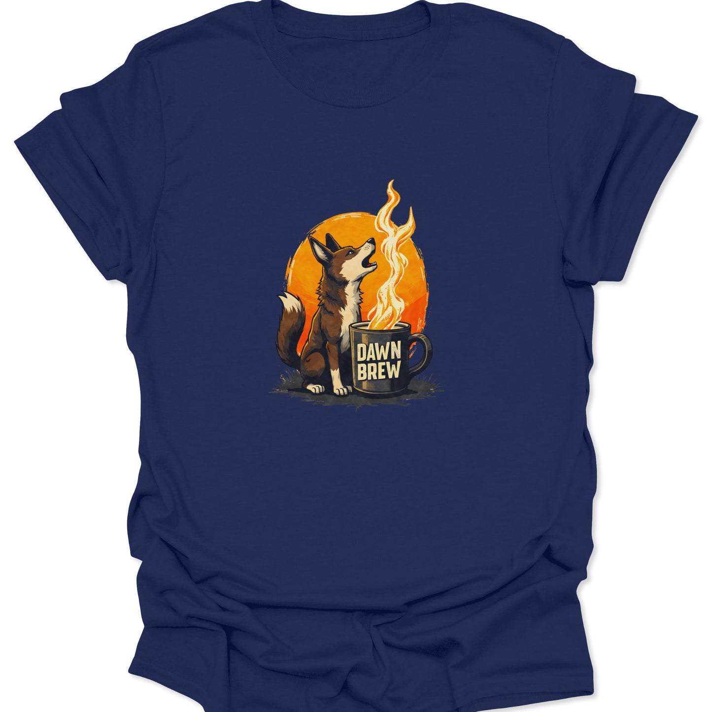 Navy blue tee with the retro-style Dawn Brew illustration. Features a brown wolf, a coffee mug, and a bright orange backdrop.