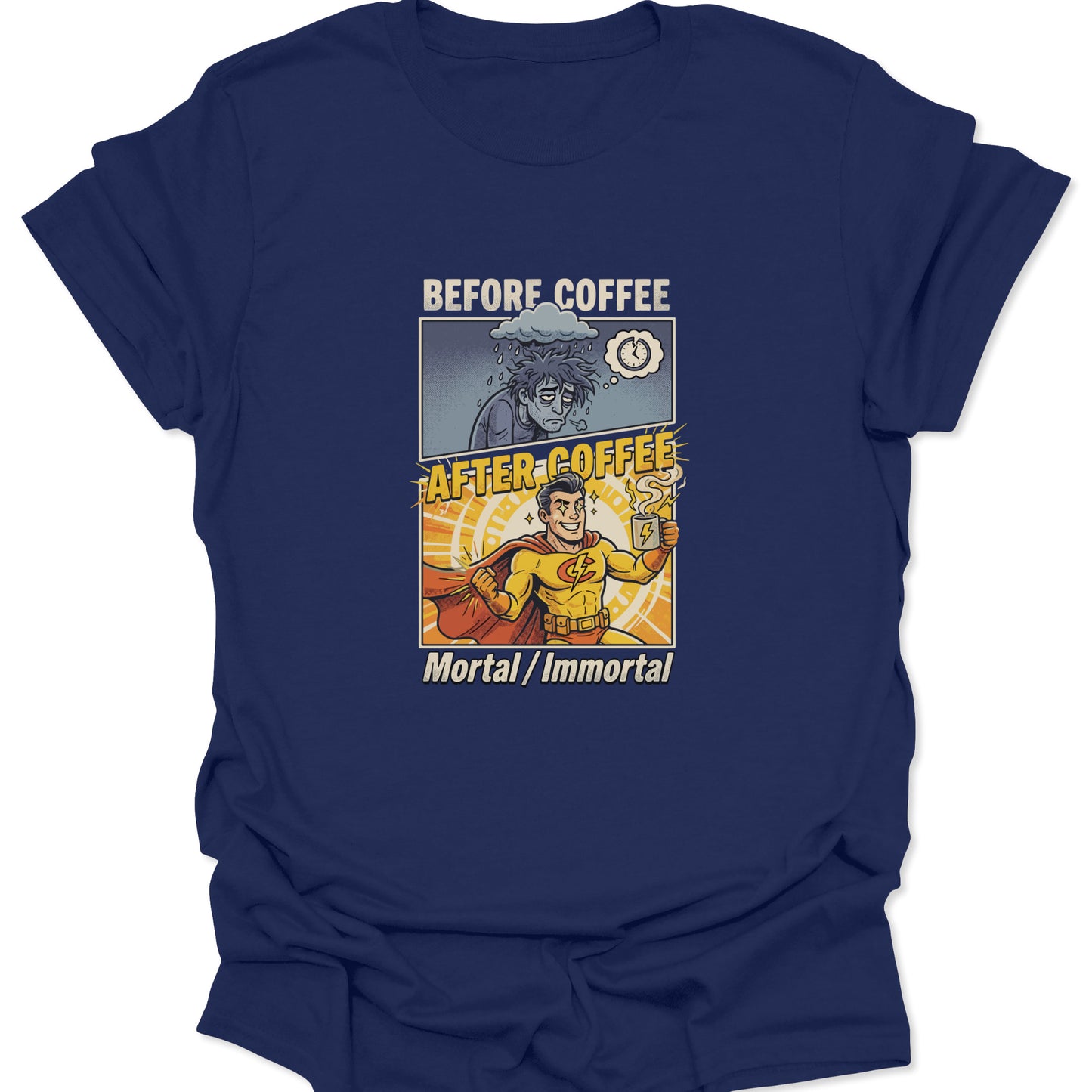 Deep navy blue shirt displaying the "Mortal to Immortal" caffeine evolution graphic with clean white and yellow comic book typography.