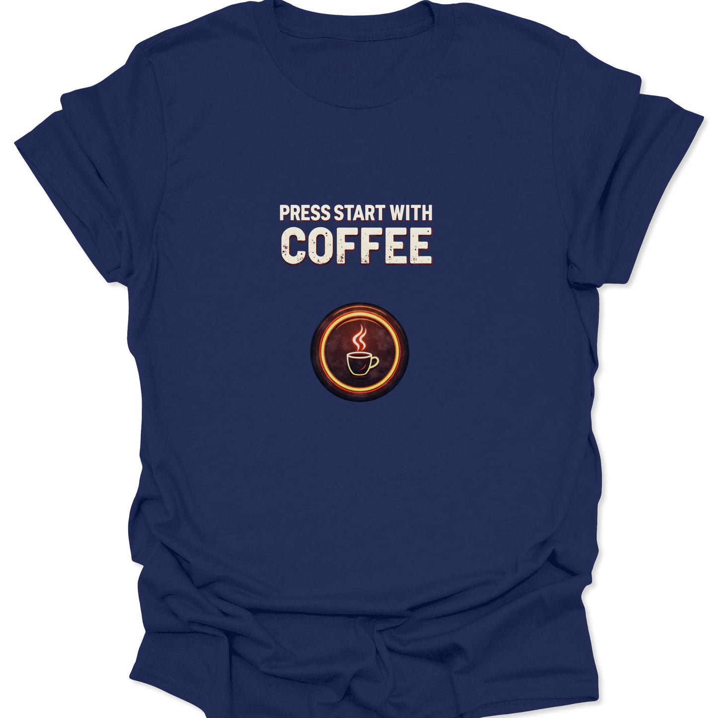 Deep Navy Blue, casual fit t-shirt blending coffee culture and retro gamer aesthetics, showcasing the essential 'Start' command graphic.