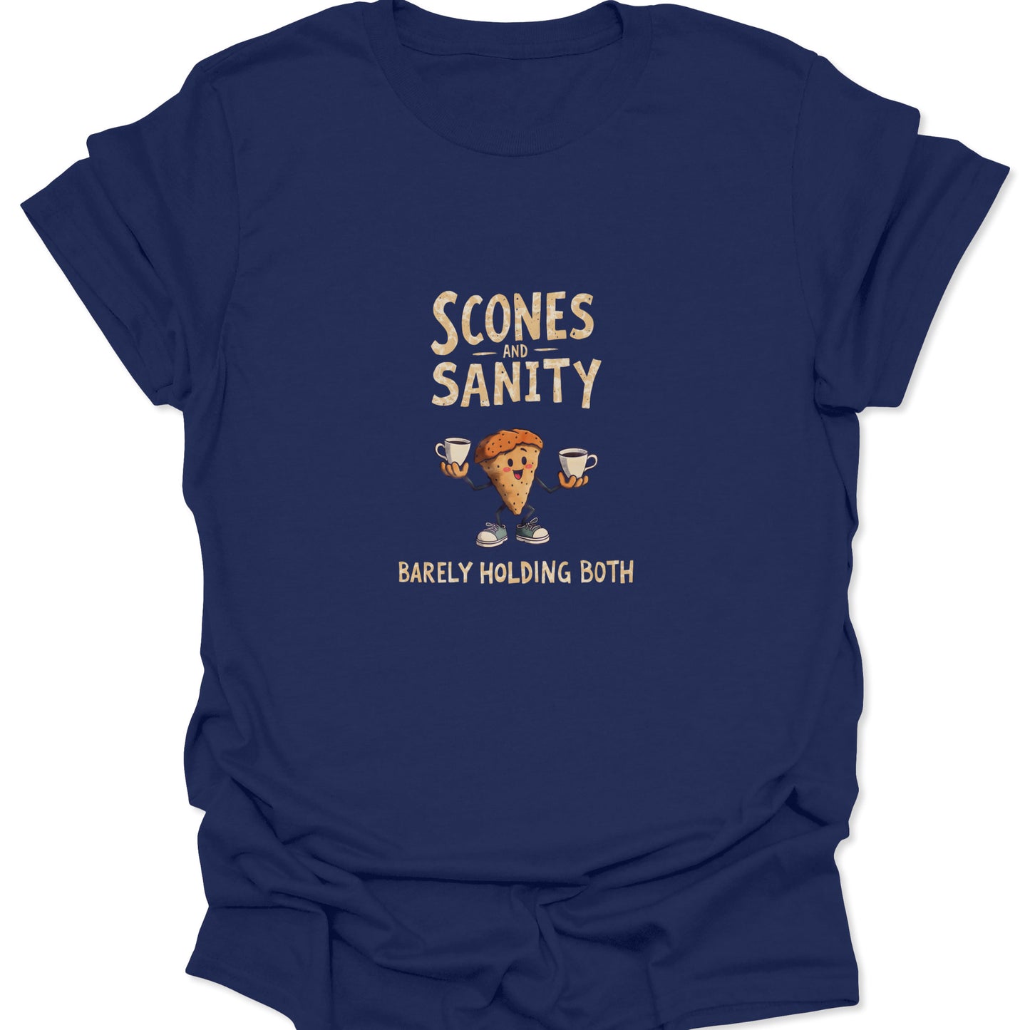 Navy Blue t-shirt with cute but chaotic scone illustration and relatable caffeine humor text.