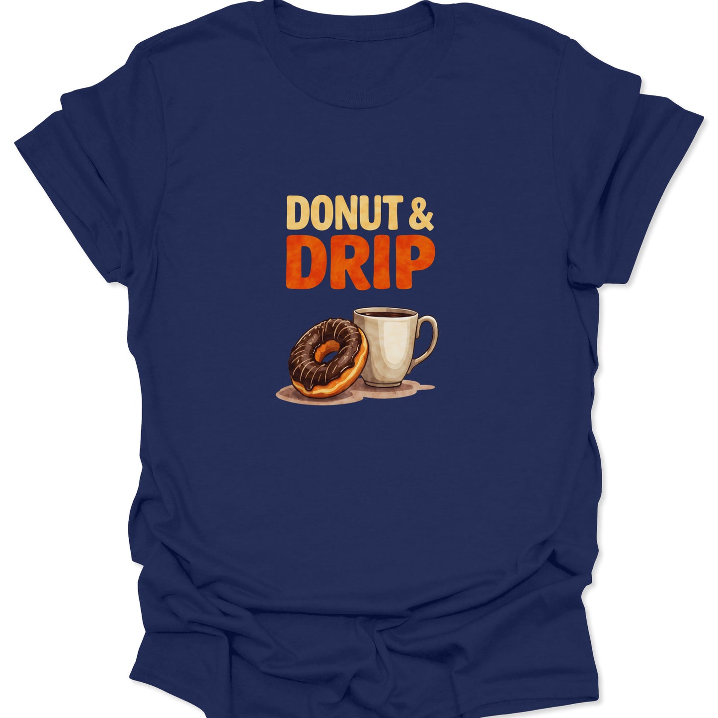 Navy blue graphic shirt showing a realistic drawing of a sugary doughnut and a mug of steaming coffee, advertising DONUT & DRIP in an old-school print style.