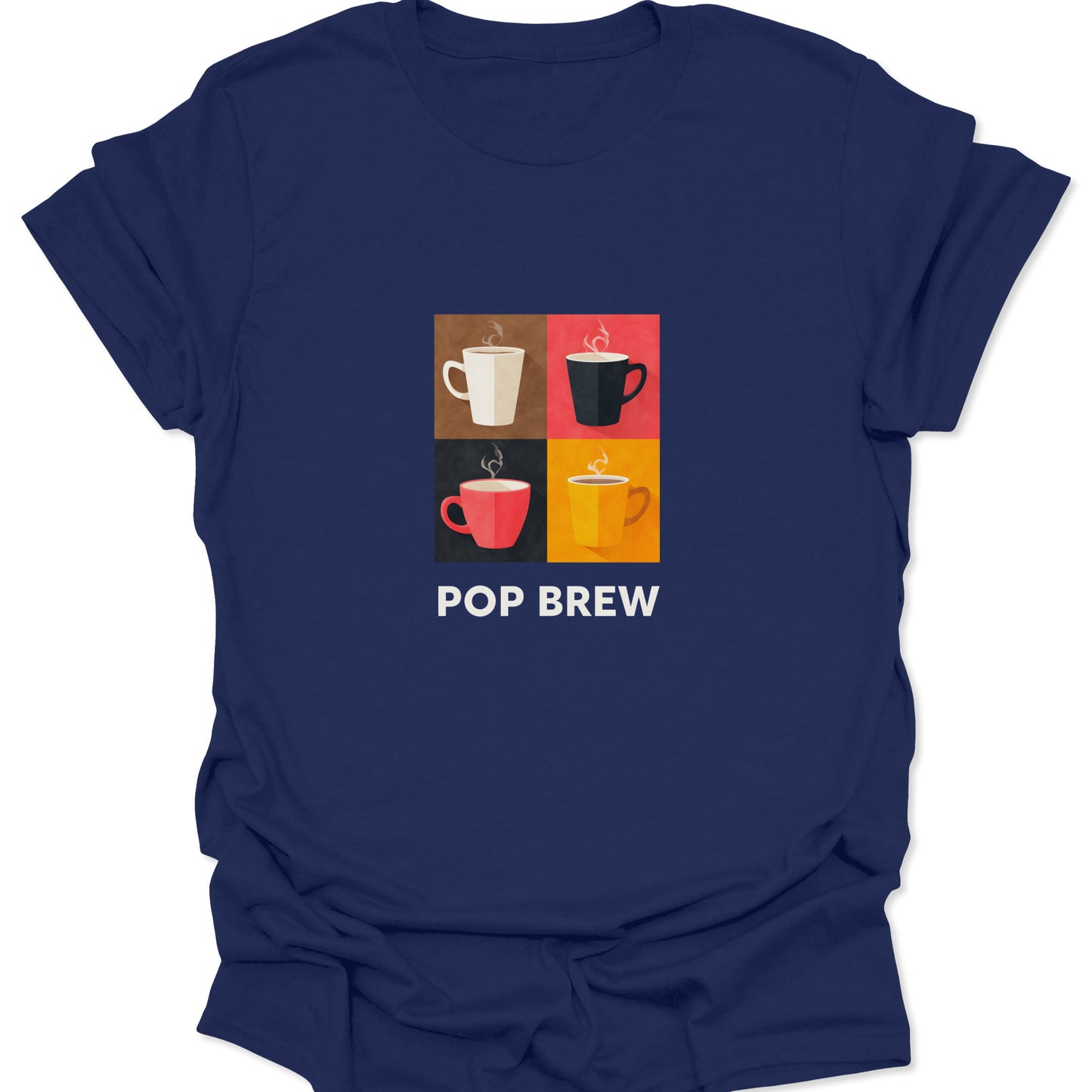 Navy blue t-shirt featuring a witty, visually striking Pop Brew coffee graphic, showcasing four distinct coffee cups against bright color blocks in a classic Pop Art style.