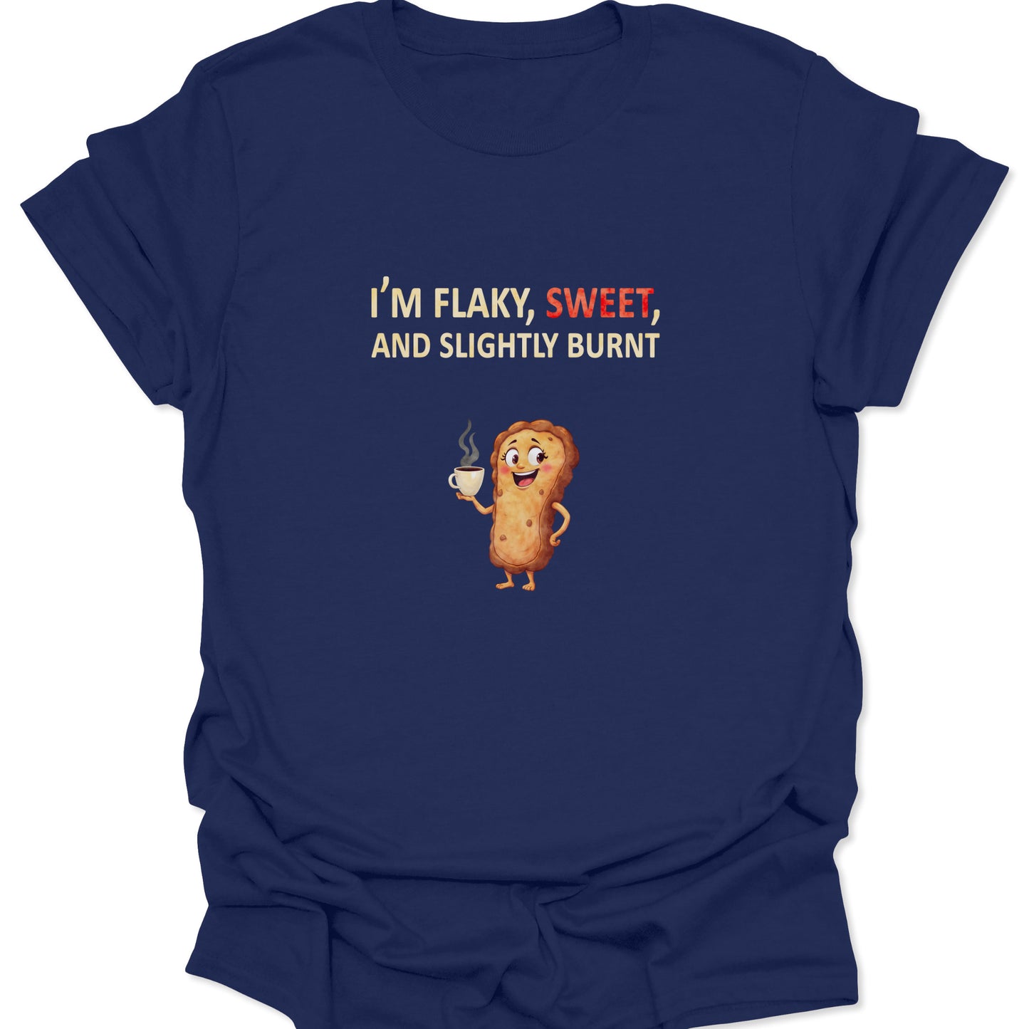 Navy Blue t-shirt featuring "I'm Flaky, Sweet, and Slightly Burnt" typography and dessert illustration, foodie gift style.