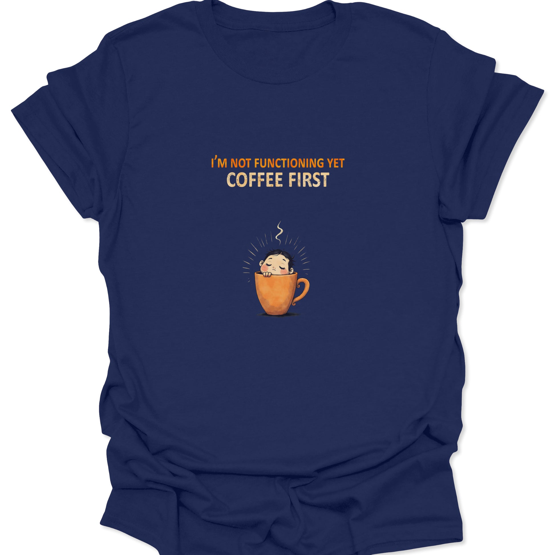 Navy Blue t-shirt featuring a sleepy girl in a mug design, sarcasm and coffee graphic.
