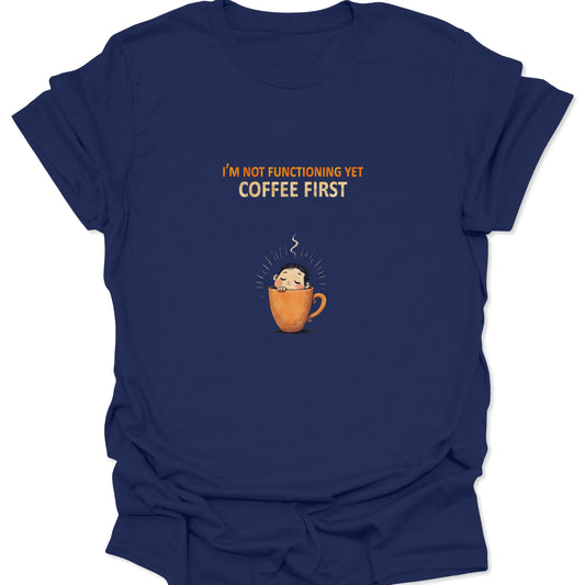 Navy Blue t-shirt featuring a sleepy girl in a mug design, sarcasm and coffee graphic.
