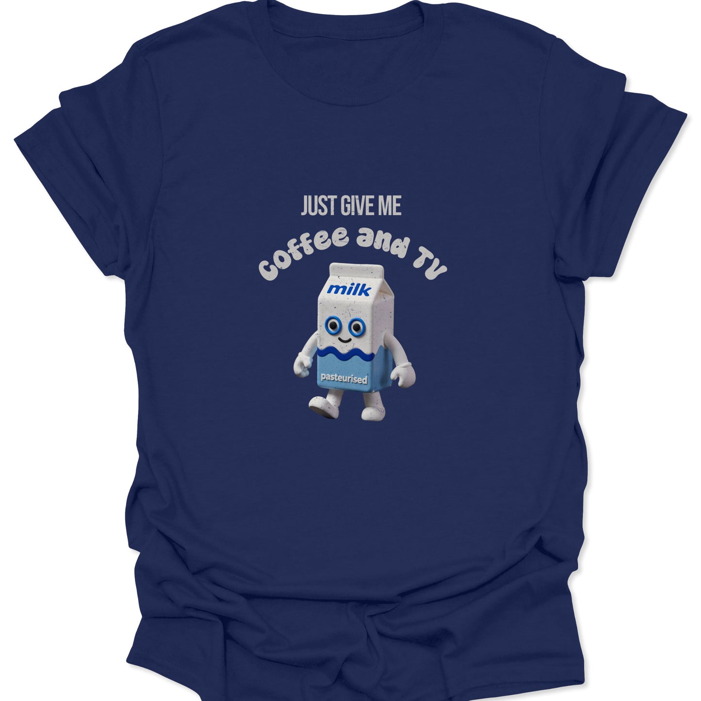 Dark navy blue graphic shirt showcasing a cute 3D milk carton mascot with blue wave accents and white text.