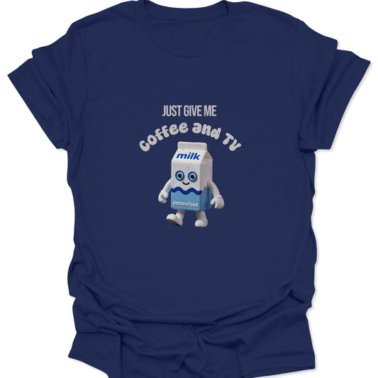 Dark navy blue graphic shirt showcasing a cute 3D milk carton mascot with blue wave accents and white text.
