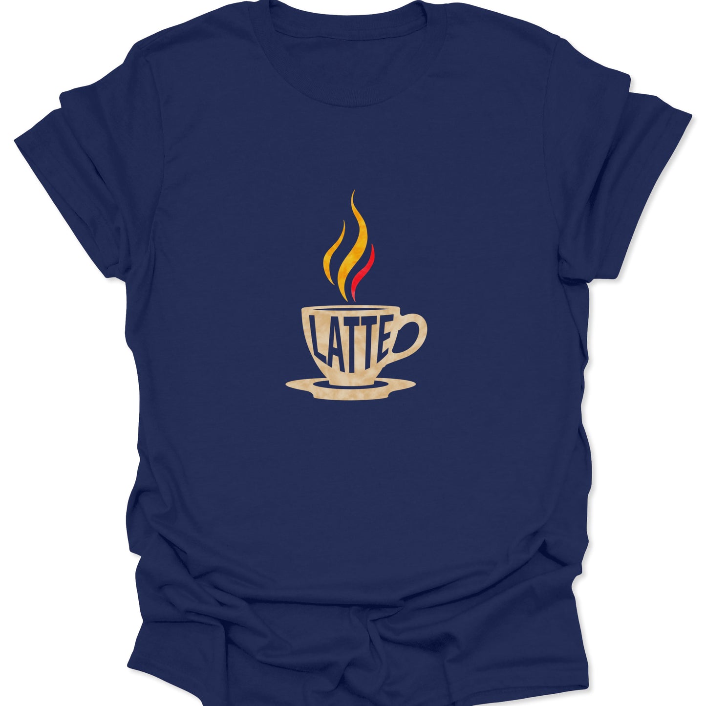 Navy blue shirt displaying a sharp, white typography coffee cup design with "LATTE" and a stylized yellow and red flame replacing the steam.