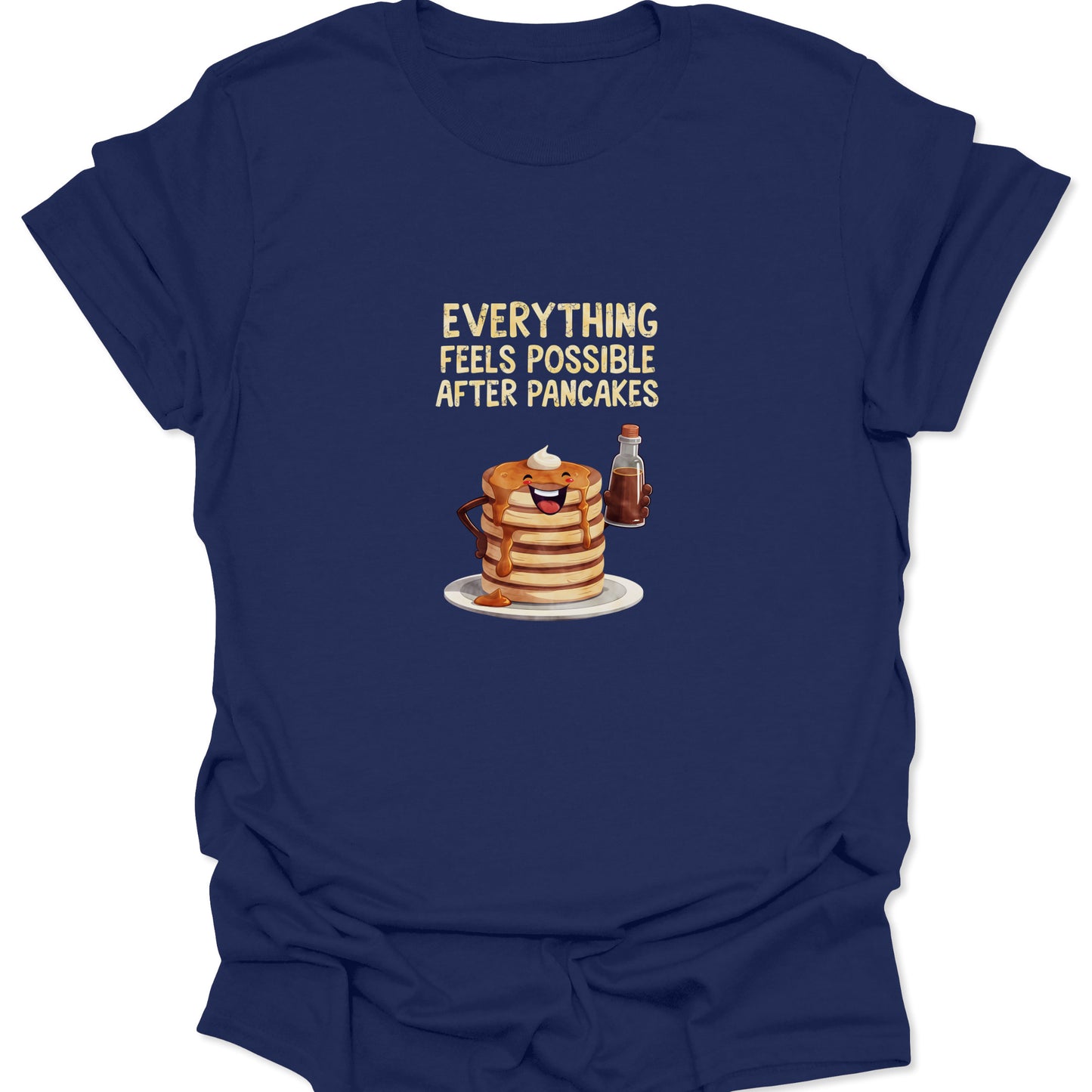Navy Blue shirt with a distressed graphic of a pancake stack mascot and funny food quote.