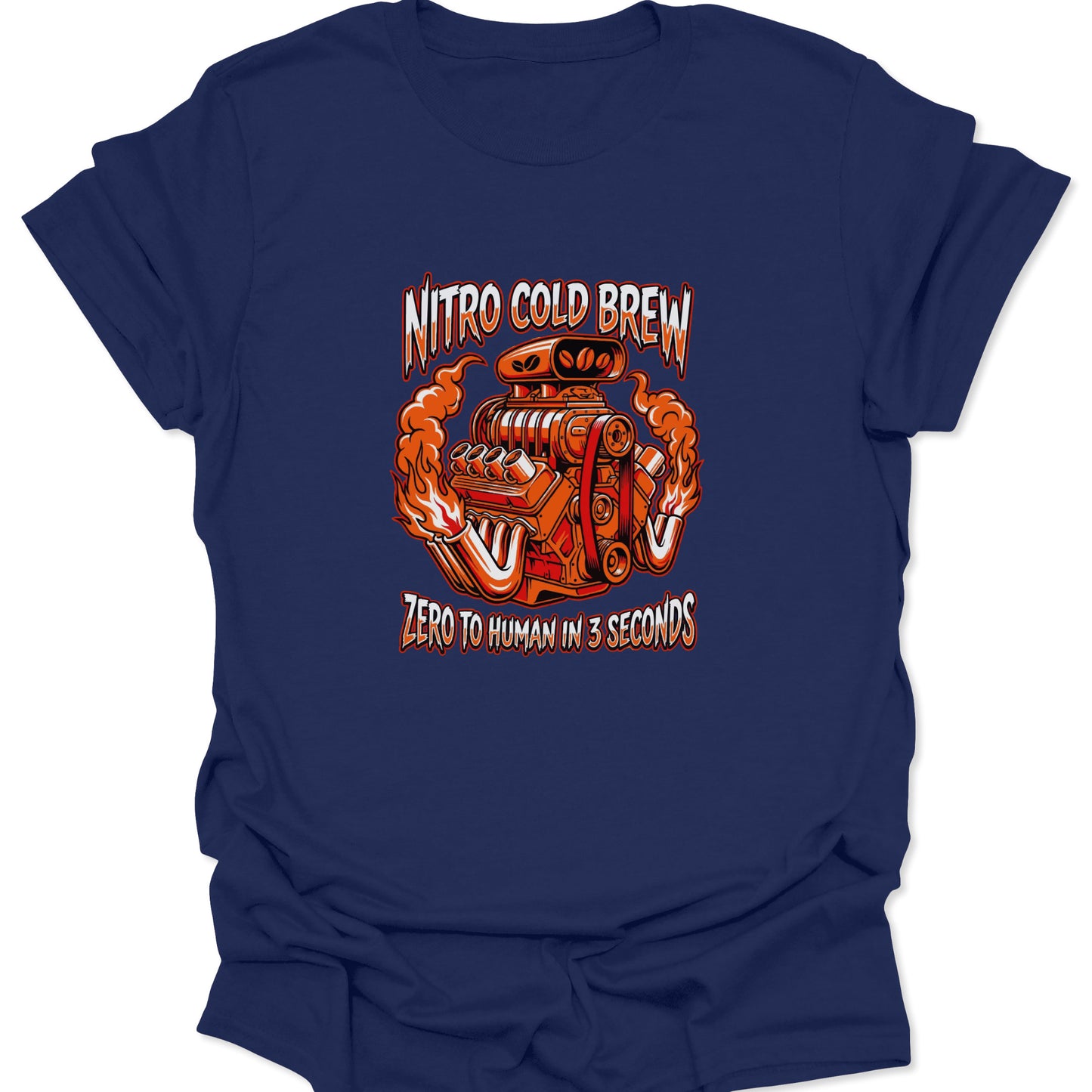 A navy blue t-shirt featuring an orange and chrome V8 engine graphic with coffee bean details and "Nitro Cold Brew" text.