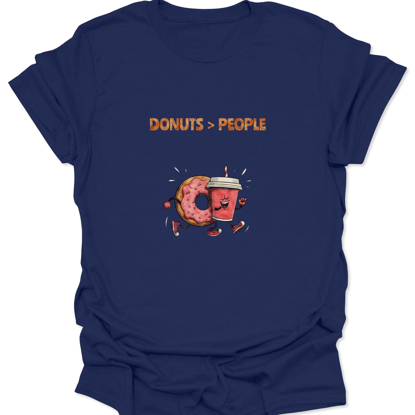 Humorous foodie graphic tee featuring running snacks and bold text on a navy blue background.