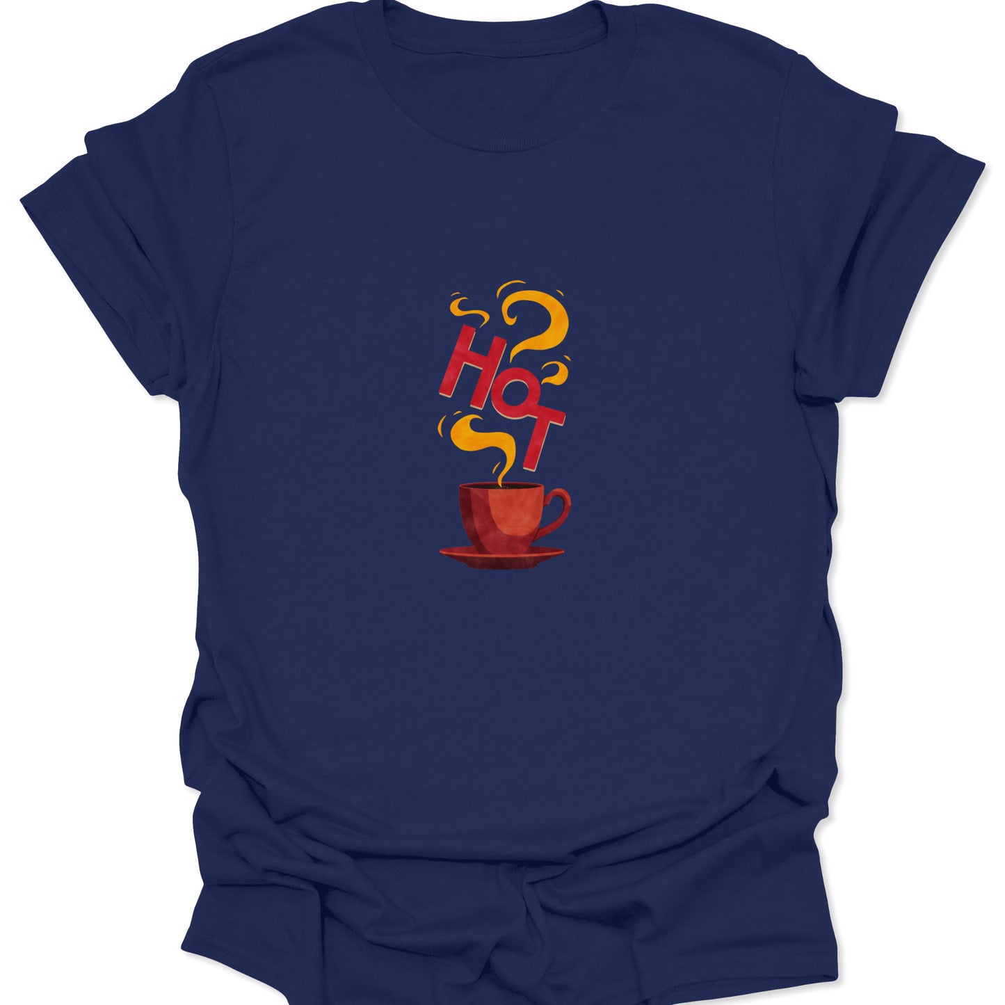 Navy blue graphic tee with a red espresso cup steaming intensely into stylized red and yellow 'HOT' typography