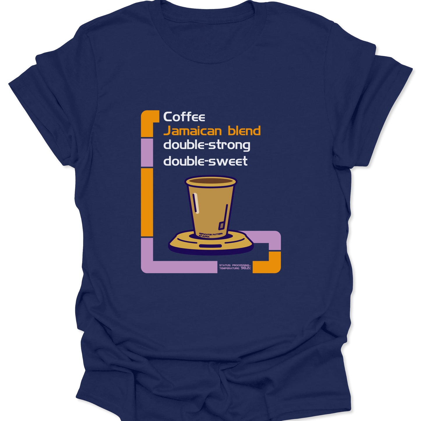 A navy blue graphic tee featuring a 90s-style sci-fi computer interface coffee ordering system with vibrant orange and purple accents.