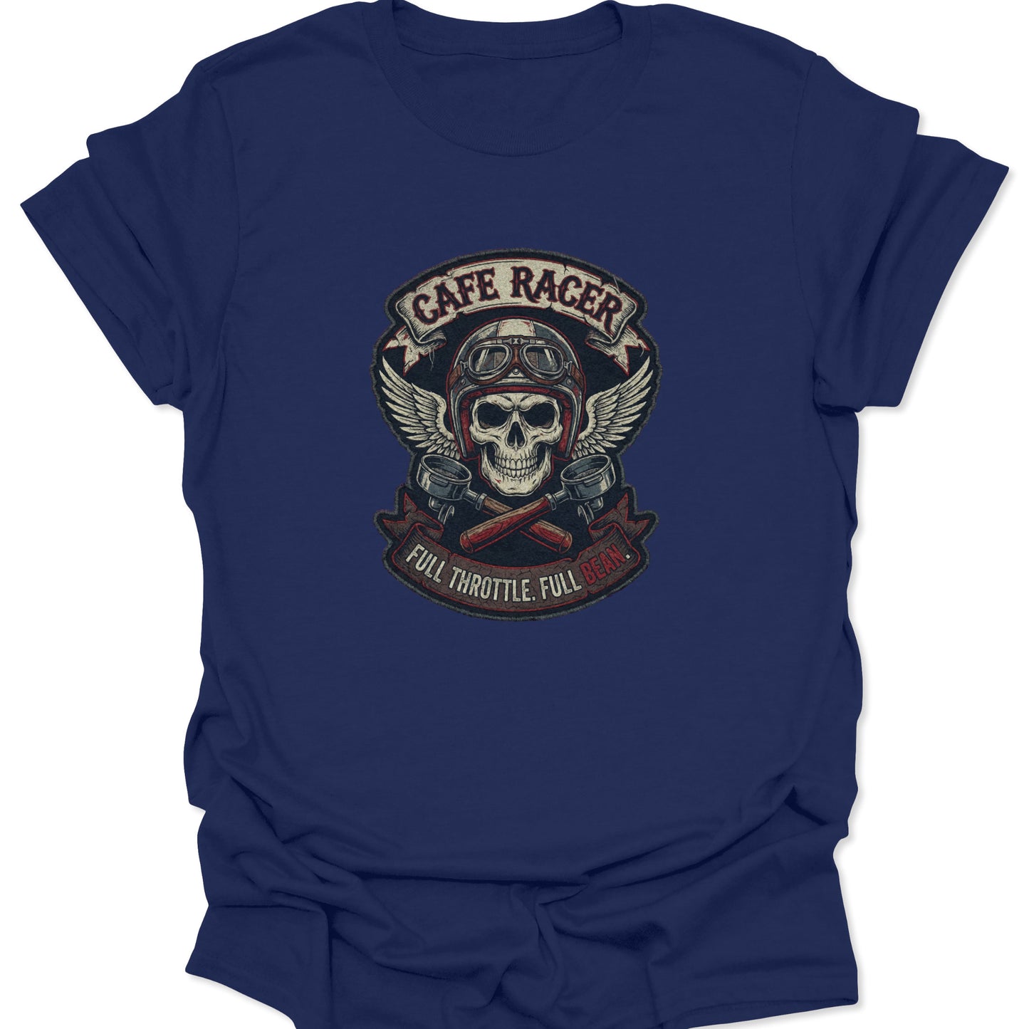 Classic cafe racer aesthetic graphic featuring a skull and coffee equipment in a badge layout on a navy blue shirt.