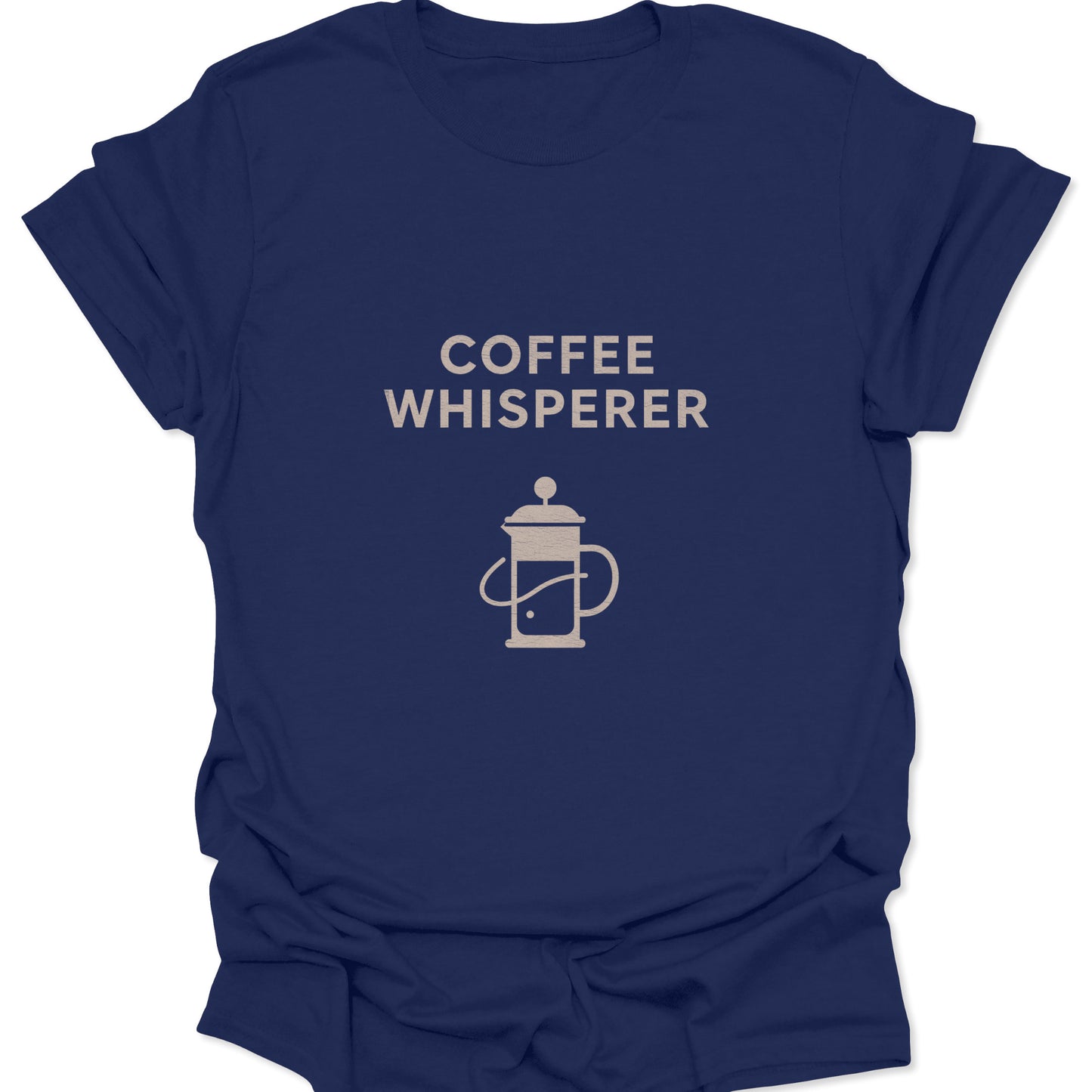 Graphic tee in navy blue featuring a high-contrast tan minimalist French Press icon and "Coffee Whisperer" print.