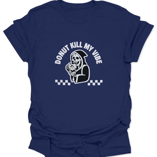 Navy blue graphic t-shirt featuring a white minimalist illustration of a reaper eating a donut and checkered floor details.