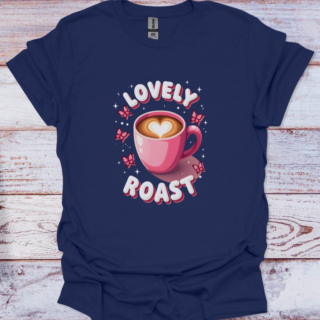 Navy blue t-shirt with a pink coffee cup graphic and 'Lovely Roast' text on a wooden surface.