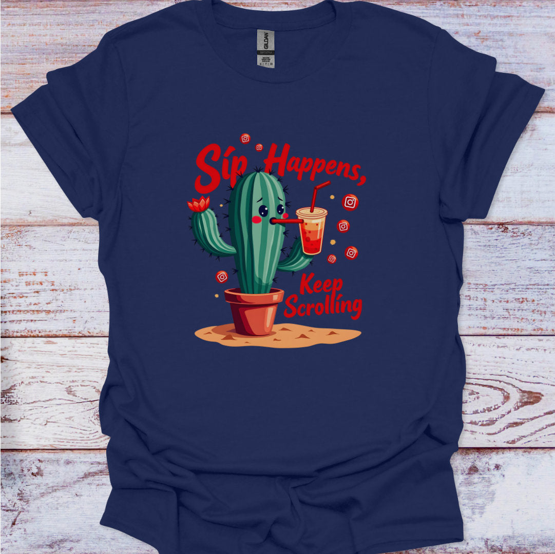 Navy blue t-shirt with a cactus graphic and text on a wooden surface